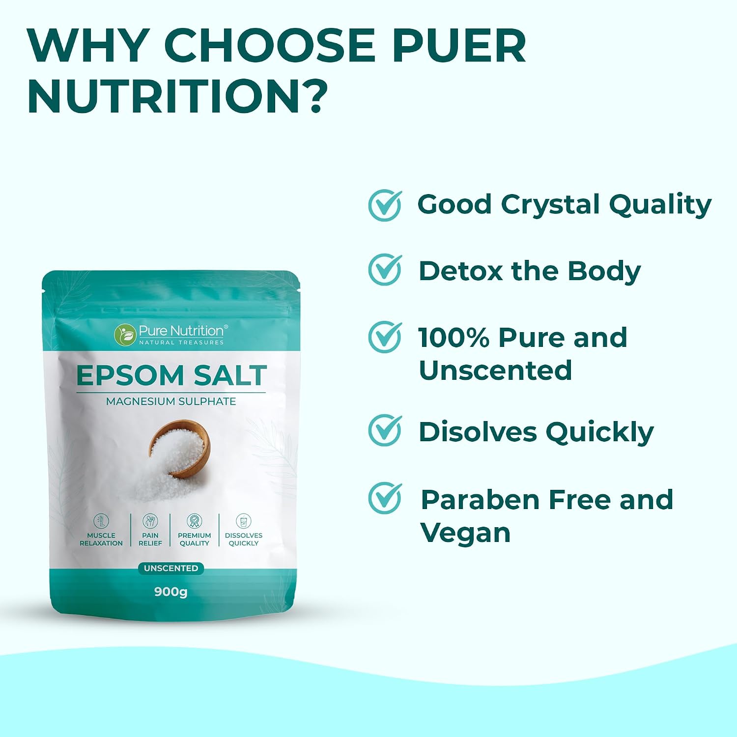 Pure Nutrition Epsom Salt 900g | Magnesium Sulfate Salt | Bath Soak & Relaxation Support