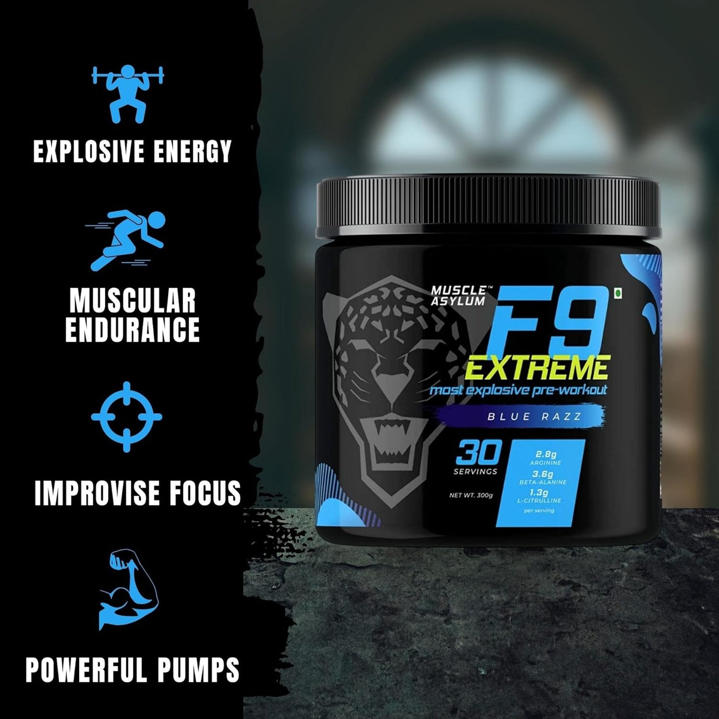 Muscle Asylum F9 Extreme – High Caffeine Pre-Workout (Blue Razz) | 300g | 30 Servings | EAA & Endurance Blend | High Stimulant with EAA & Beta-Alanine