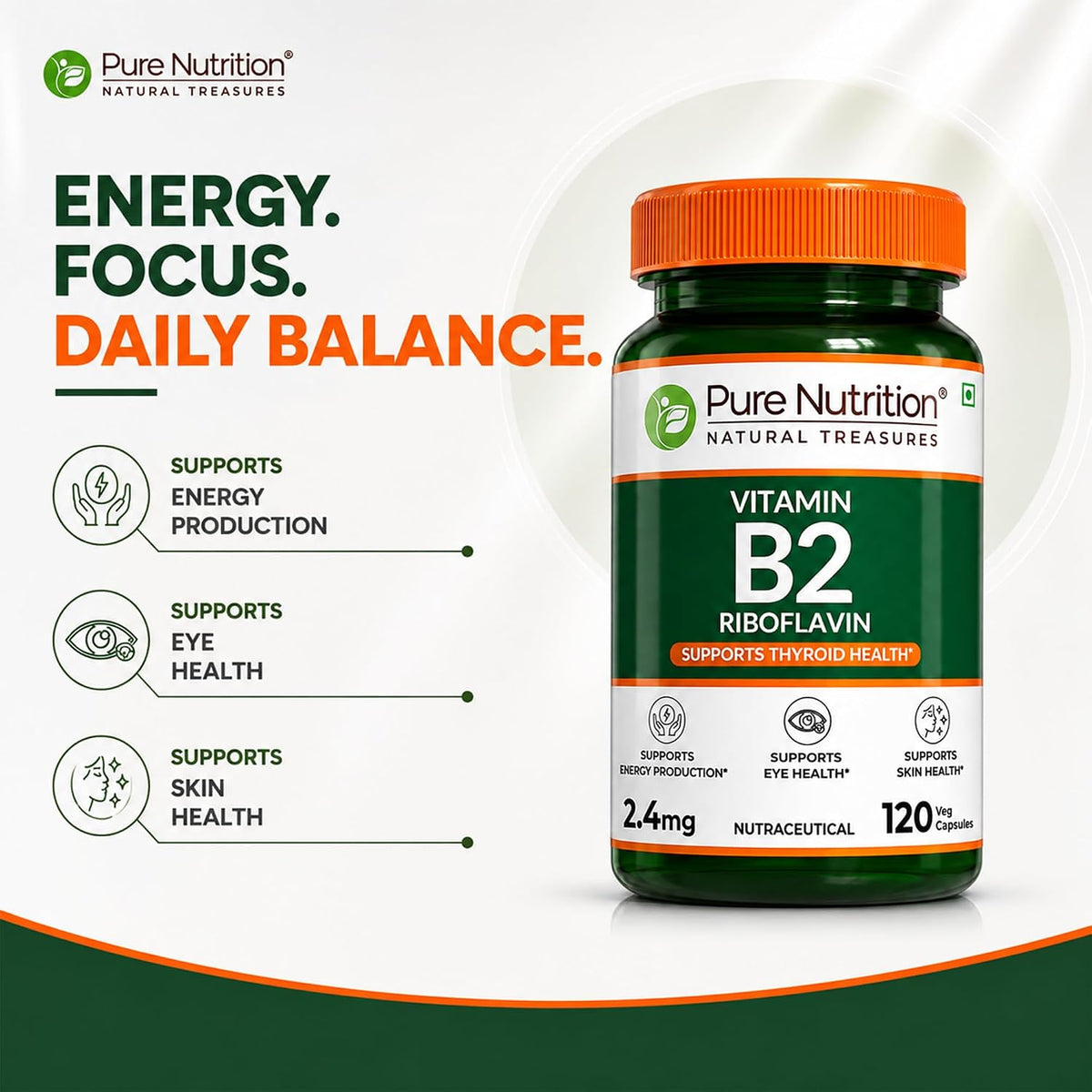 Pure Nutrition Vitamin B2 (Riboflavin) 2.4mg Capsules – Energy & Wellness Support Dietary Supplement – 120 Capsules
