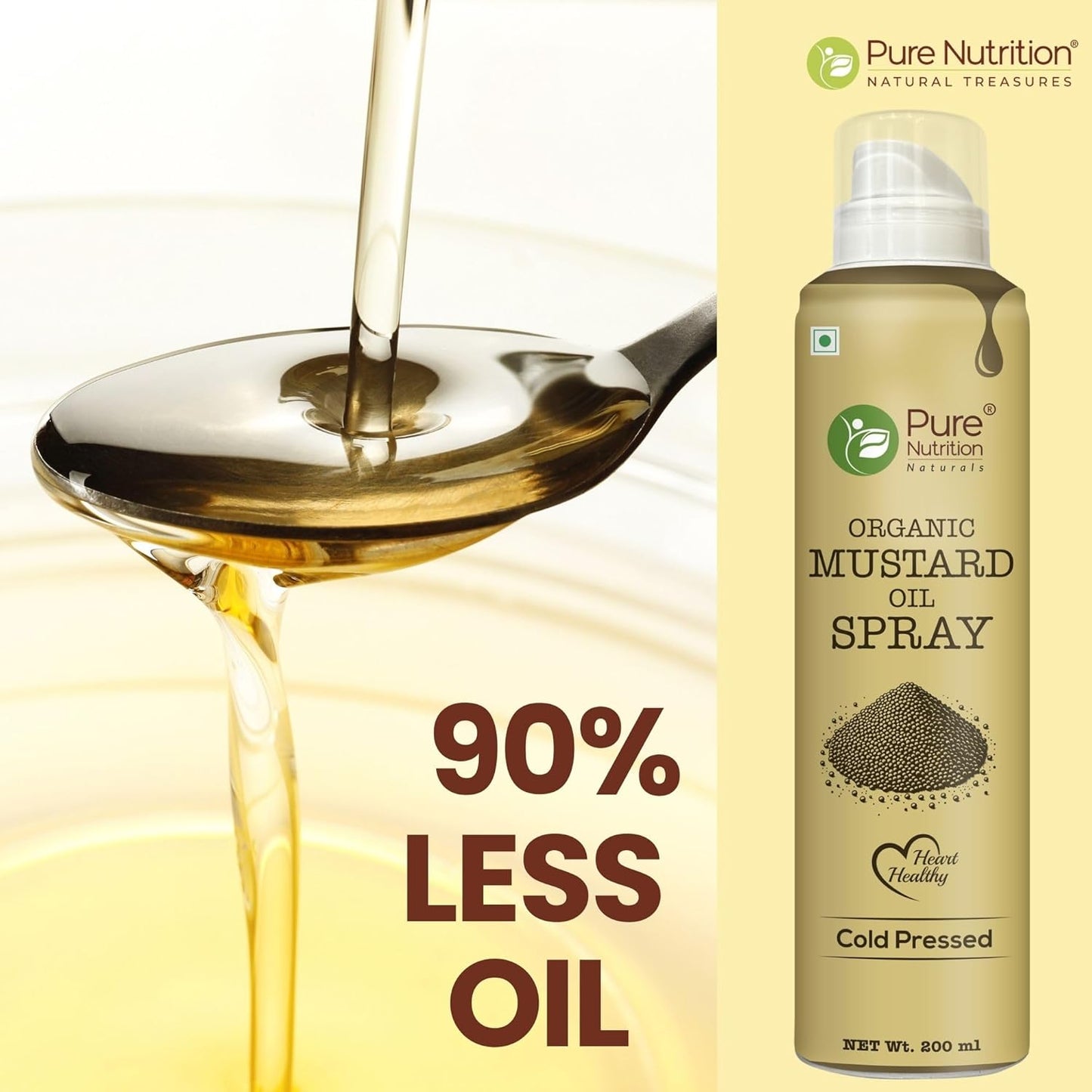 Pure Nutrition Organic Mustard Oil Spray - 200ml | 100% Pure, Natural & Cold-Pressed | Cook Healthy with 10X Less Oil | Ideal for Sautéing & Grilling | Supports Heart Health | Naturally Cholesterol-Free & Rich in Omega-3