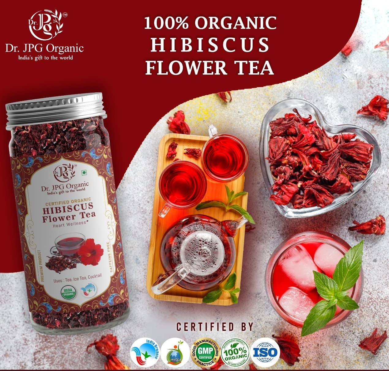 DR. JPG Organic Hibiscus Tea (50g) | Pure Hibiscus Flower Tea for Immunity & Wellness