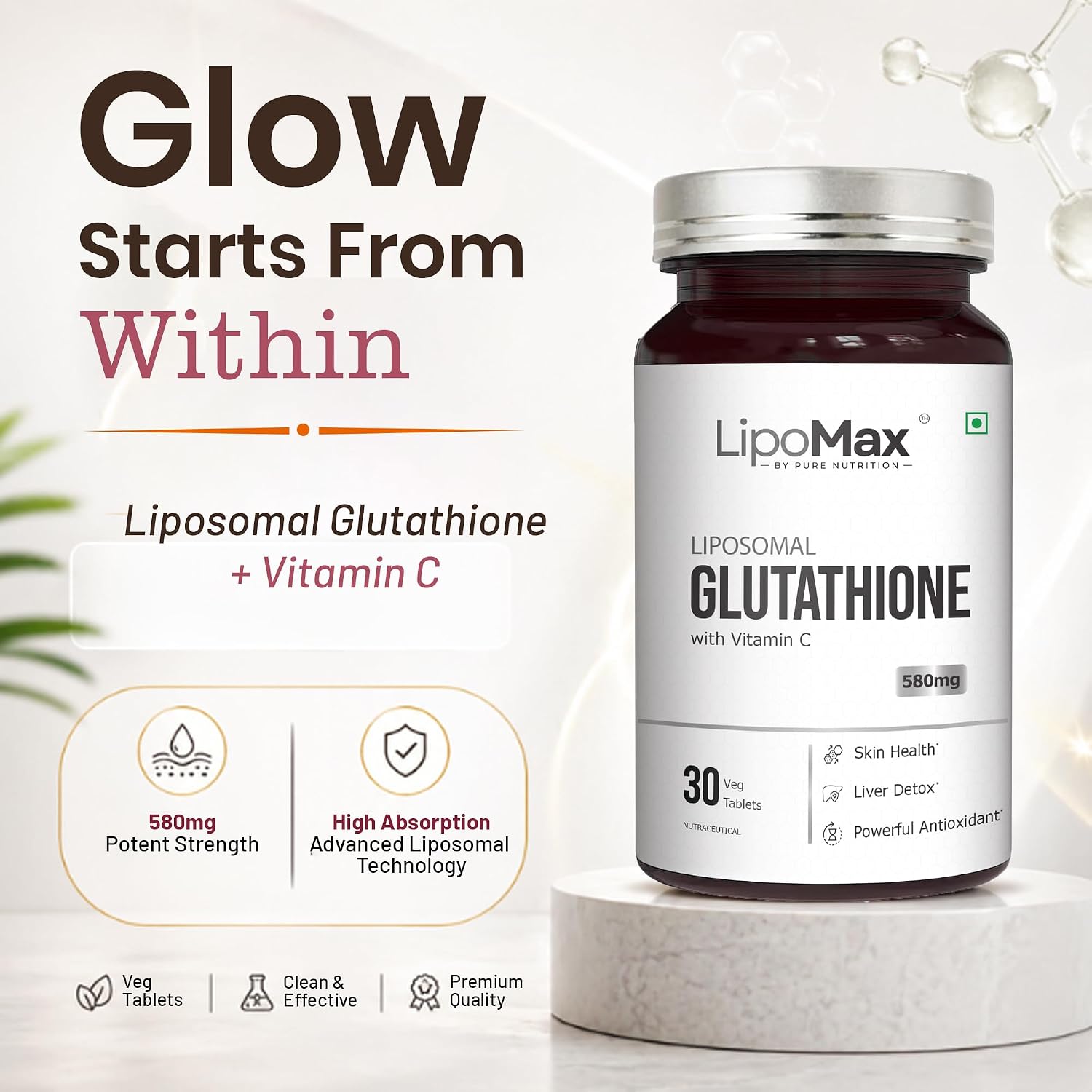 Pure Nutrition Liposomal Glutathione with Vitamin C, 30 Tablets | Antioxidant & Skin Health Support