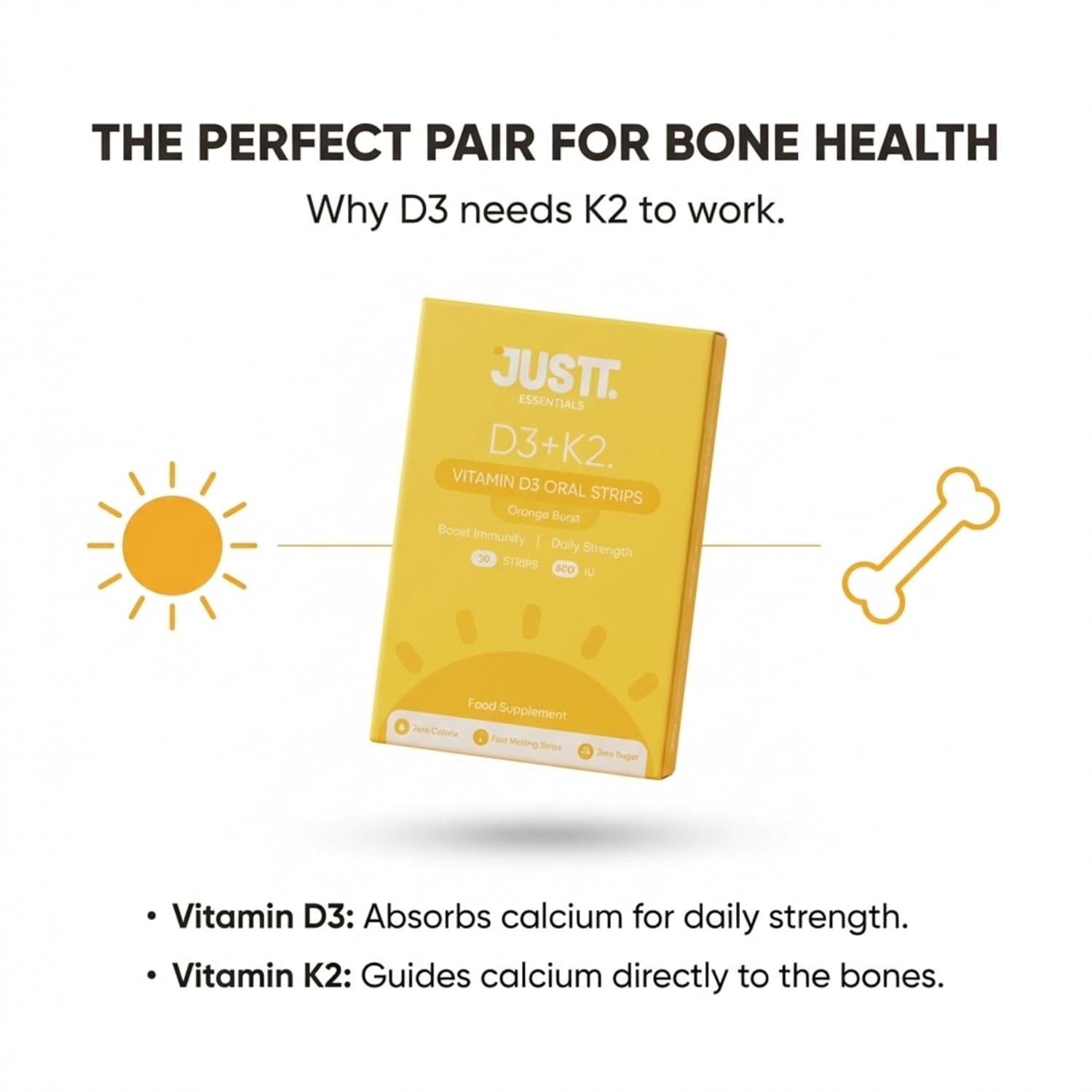 Justt Essentials D3+K2 Vitamin D3 Oral Strips, 600 IU, Orange Burst Flavour, Fast Dissolving, Sugar-Free, 30 Strips