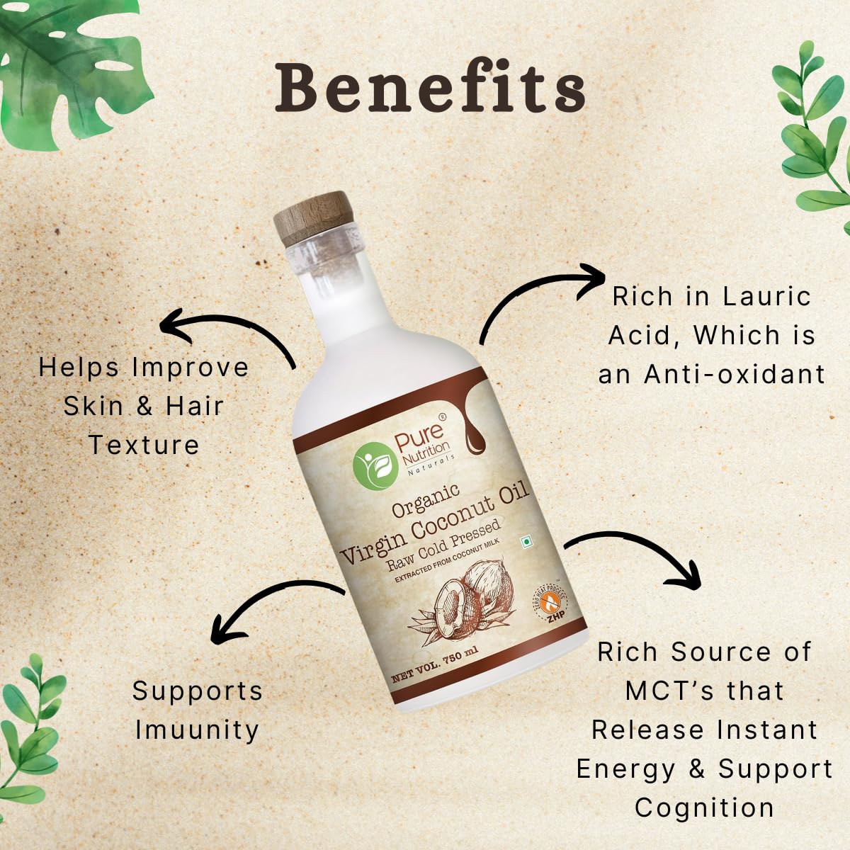 Pure Nutrition Virgin Coconut Oil 750ml Glass Bottle | Cold Pressed Natural Coconut Oil