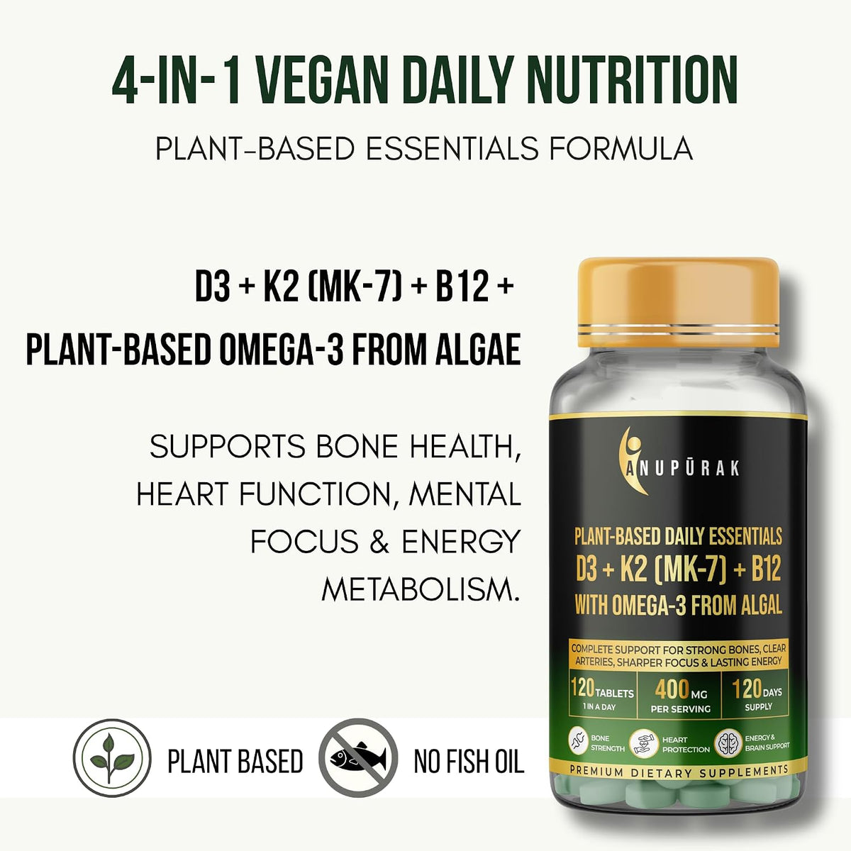 Anupurak D3+K2(MK-7)+B12 with Omega-3 from Algal Tablet (120 Each)