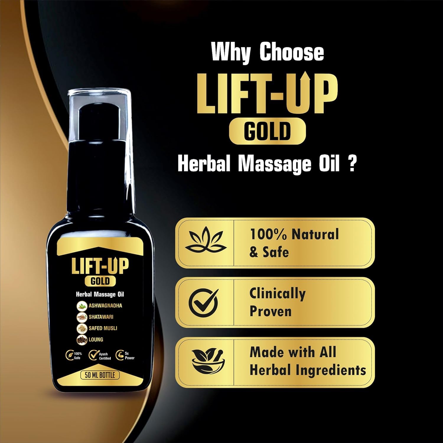Vedavay Lift Up Gold Oil -  Massage Oil - 50ml for Men Performance Oil restores energy & hardens the relaxing muscles Ashwagandha, Safed Musli, Shatawar, Loung
