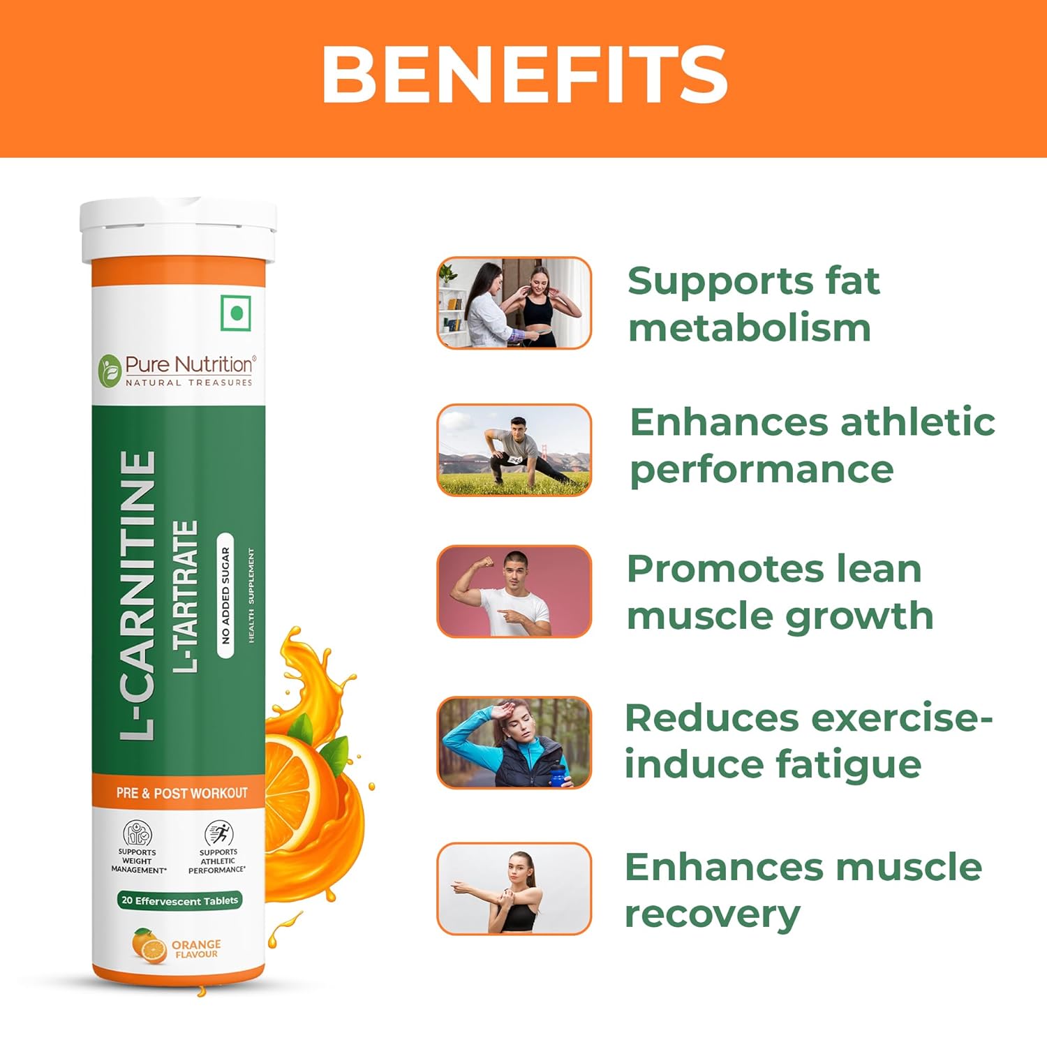 Pure Nutrition L-Carnitine Effervescent Tablets – 20 Tabs | Energy & Metabolism Support