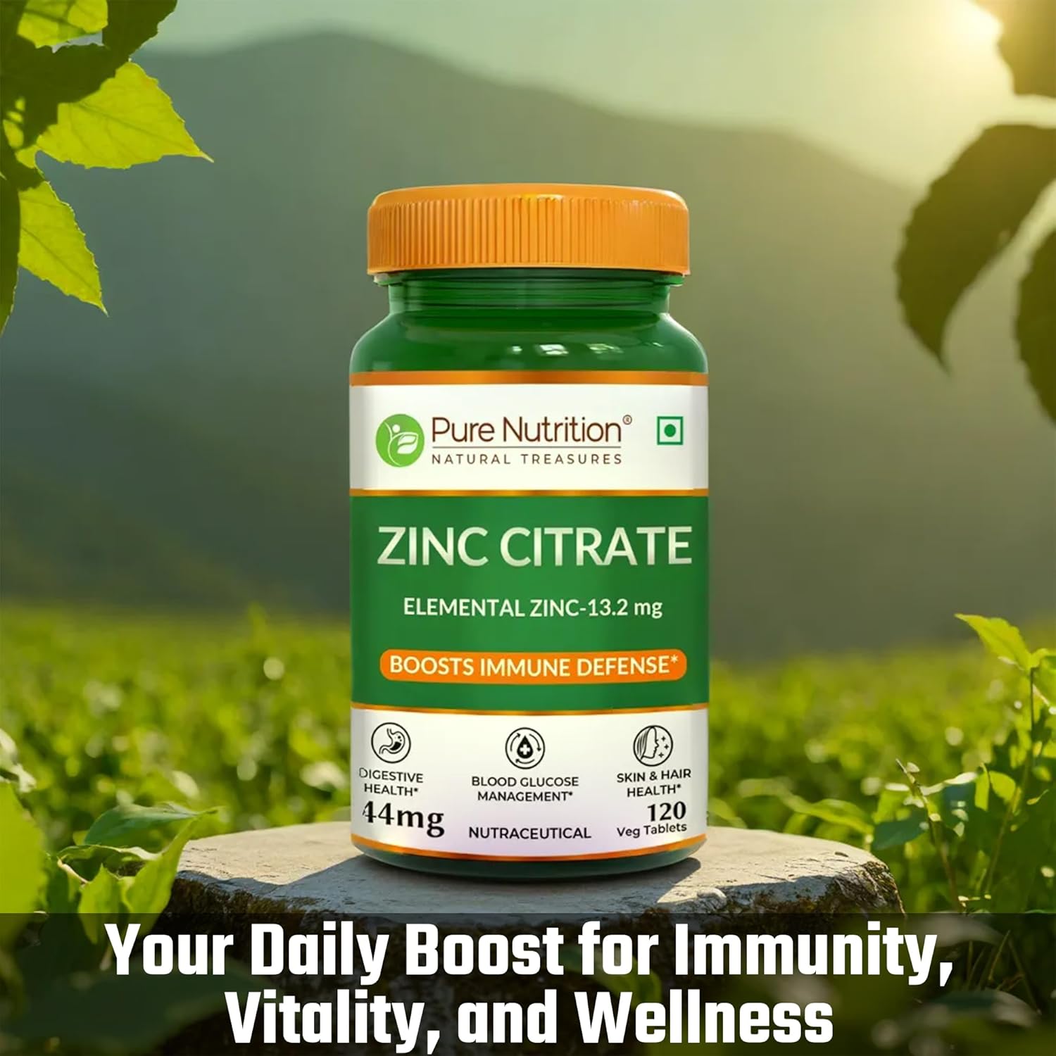 Pure Nutrition Zinc Citrate Tablets 44mg | High Absorption Zinc Supplement for Immunity, Blood Sugar & Bone Health | Supports Muscle Recovery, Skin Glow, Hair Strength & Nail Growth | Essential Mineral for Overall Wellness – 120 Veg Tablets