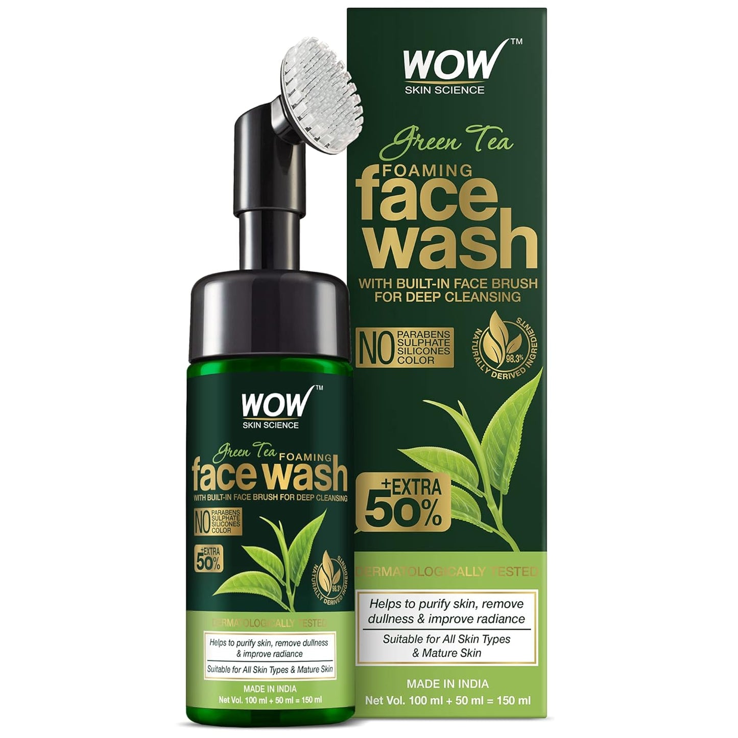 WOW Skin Science Green Tea Foaming Face Wash with Built-In Face Brush