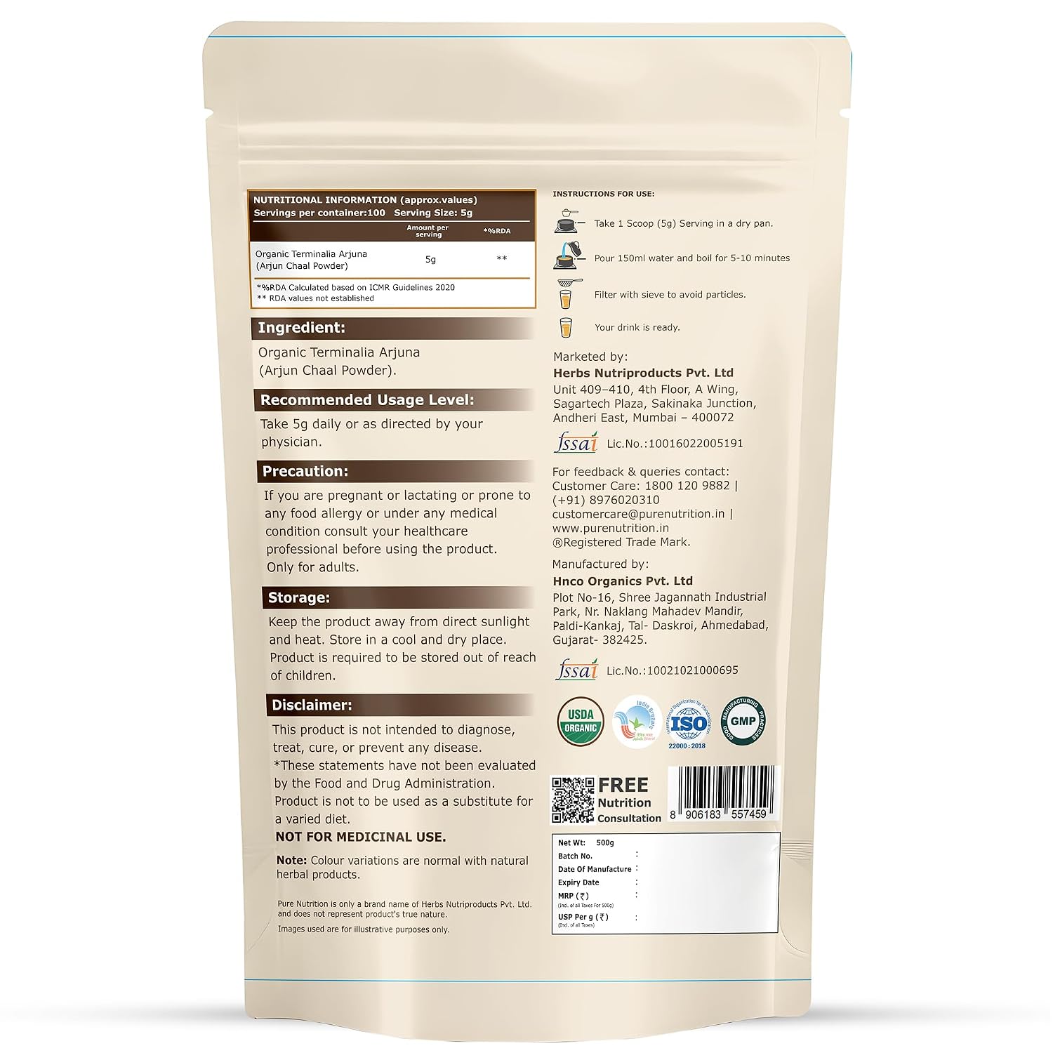 Pure Nutrition Organic Arjuna Chal Powder 500g | Herbal Heart & Cardiovascular Wellness Support