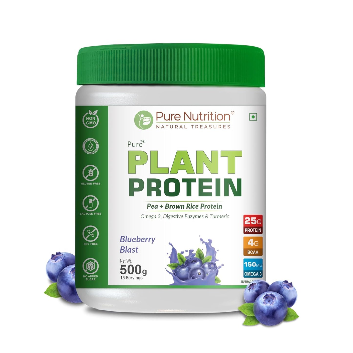 Pure Nutrition Plant Protein Powder for Men, Women - Berry Blast (500g) , With Pea & Brown Rice Protein with Omega3, Digestive Enzymes & Turmeric | Plant-based, Vegan Supplement for Muscle Growth & Strength | No Artificial Sweeteners