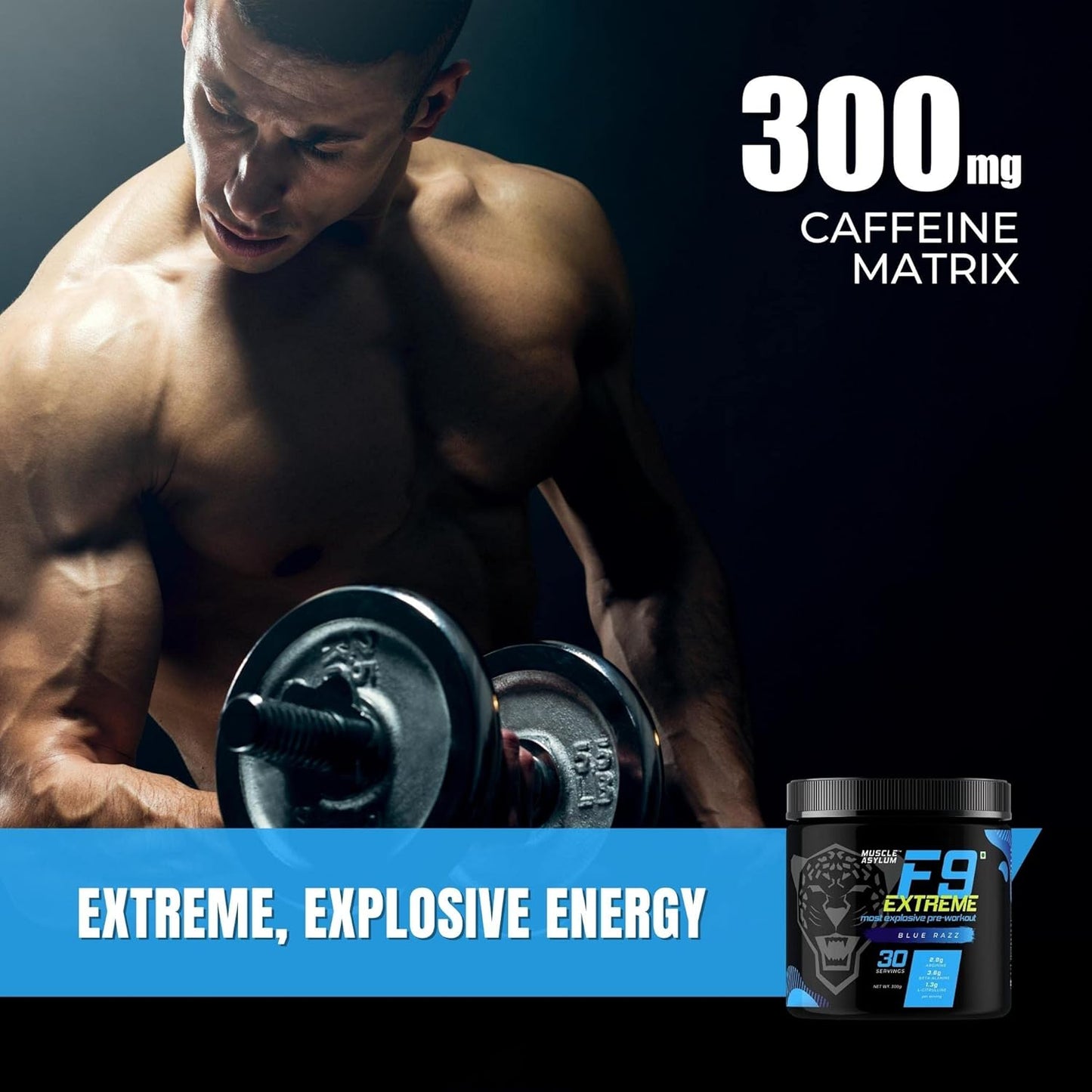 Muscle Asylum F9 Extreme – High Caffeine Pre-Workout (Blue Razz) | 300g | 30 Servings | EAA & Endurance Blend | High Stimulant with EAA & Beta-Alanine