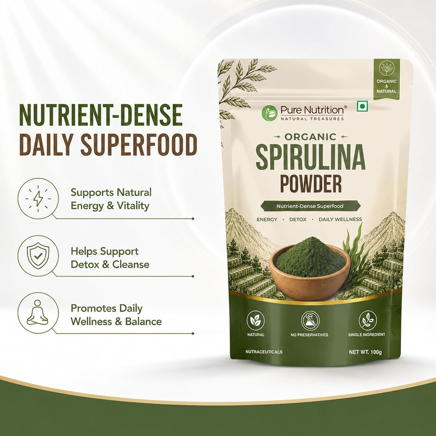 Pure Nutrition Organic Spirulina 100g | Superfood Powder | Plant-Based Protein & Wellness Support