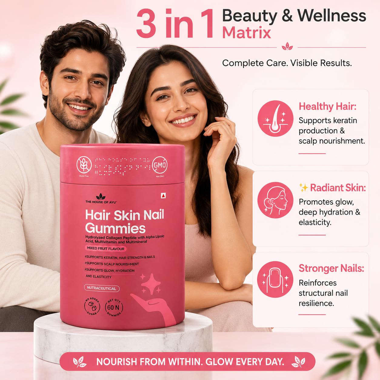 House of Ayu Hair Skin Nail Gummies | Collagen, Biotin & Hyaluronic Acid | 3-in-1 formula with Bioactive Collagen, Hyaluronic Acid, ALA & Biotin to support hair growth, glowing skin & strong nails.