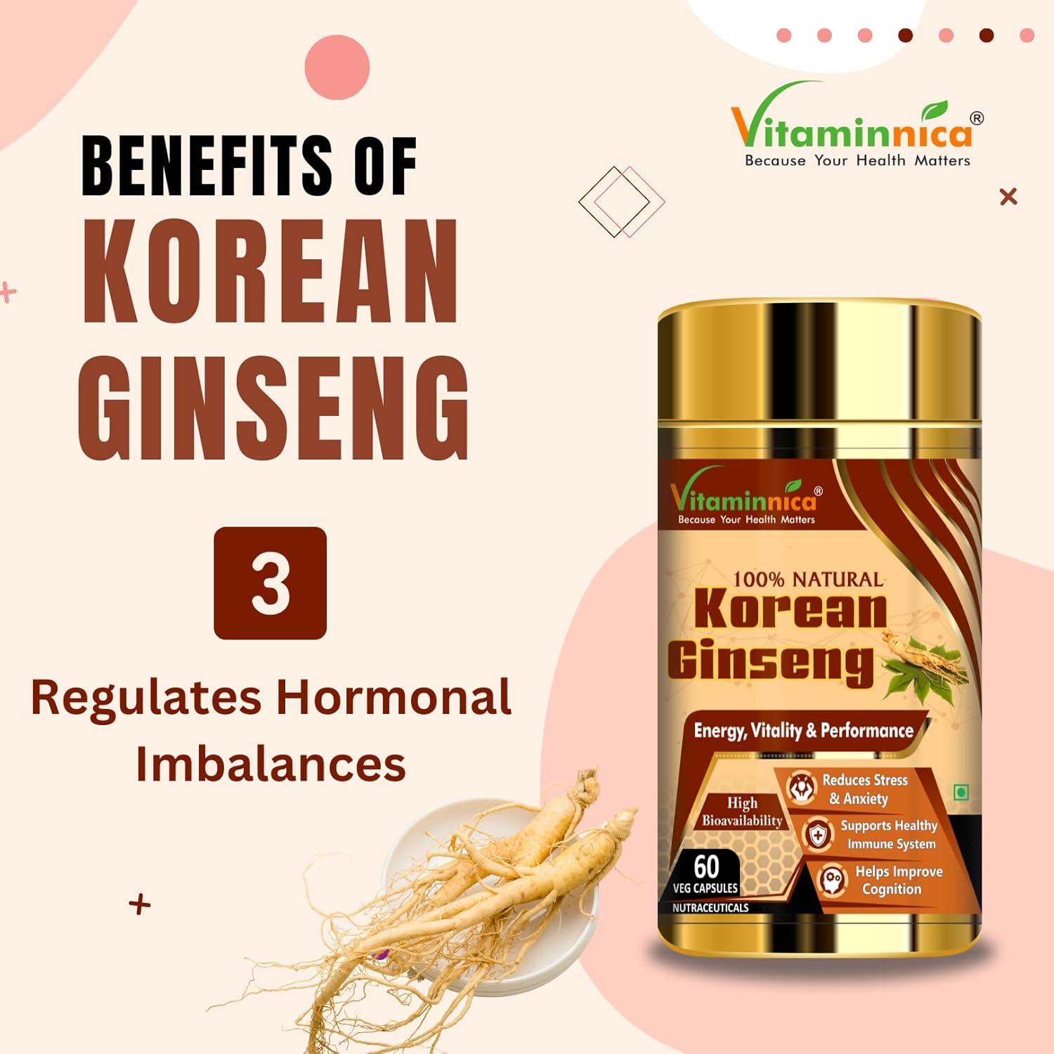 Vitaminnica Korean Panax Ginseng Extract - Natural Stamina & Energy Support, 60 Veg Capsules