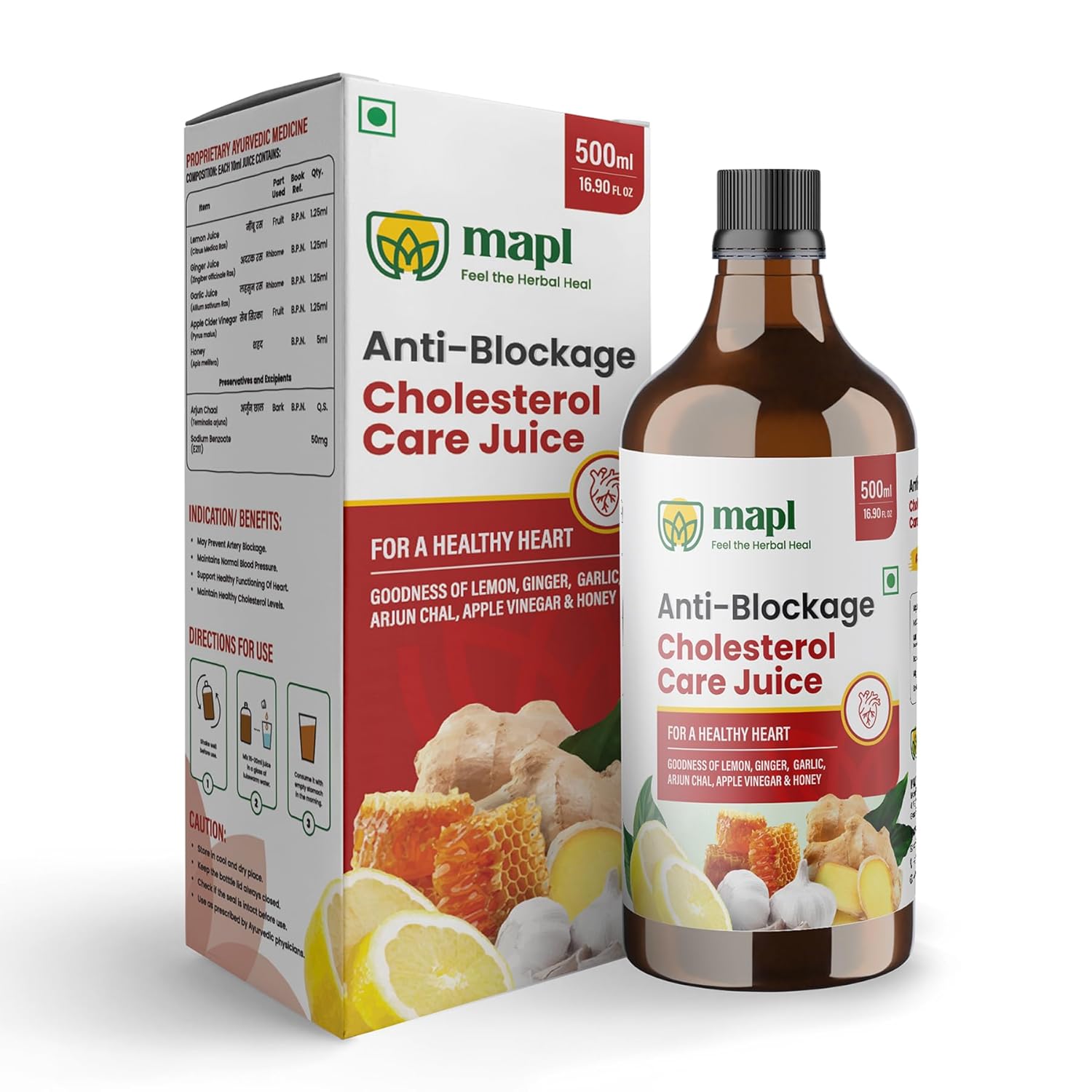 MAPL Anti Blockage Cholesterol Care Juice 500ml | Garlic, Ginger, Lemon & Apple Cider Vinegar | Supports Heart Health & Cholesterol Balance