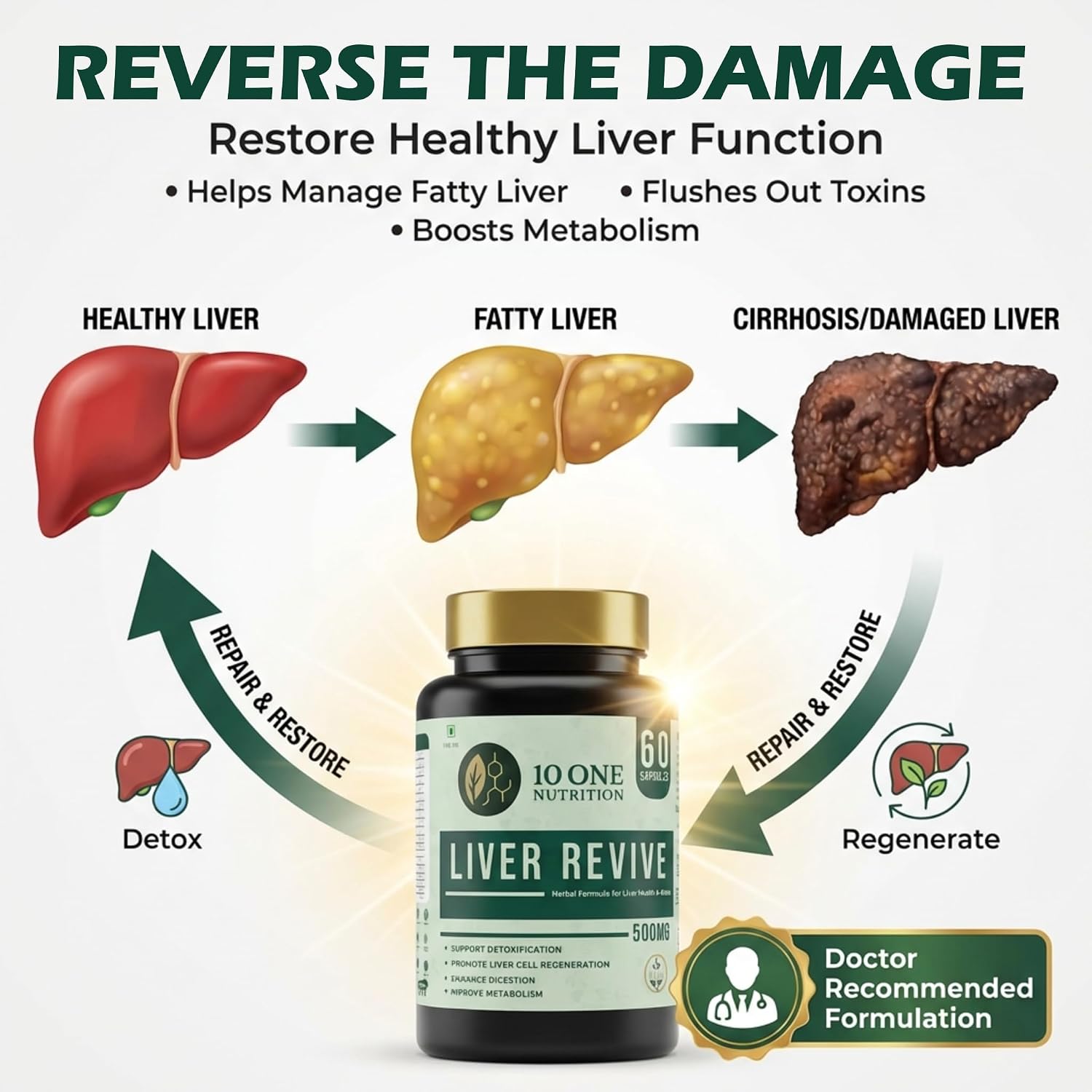 10 One Nutrition Liver Revive Detox 500mg (60 Veg Capsules) | Natural Liver Care, Fatty Liver Support & Digestive Enzyme Support