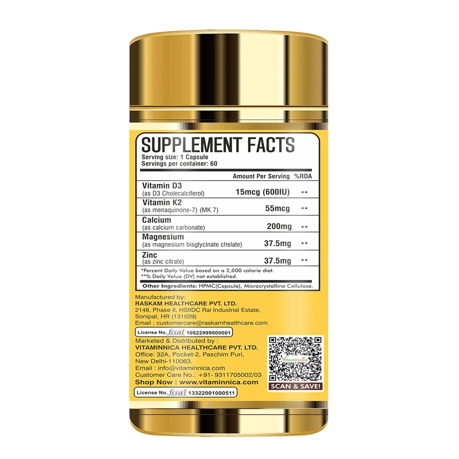 Vitaminnica Vitamin D3 + K2 Capsules 60 Count - Calcium Absorption & Bone Support Formula