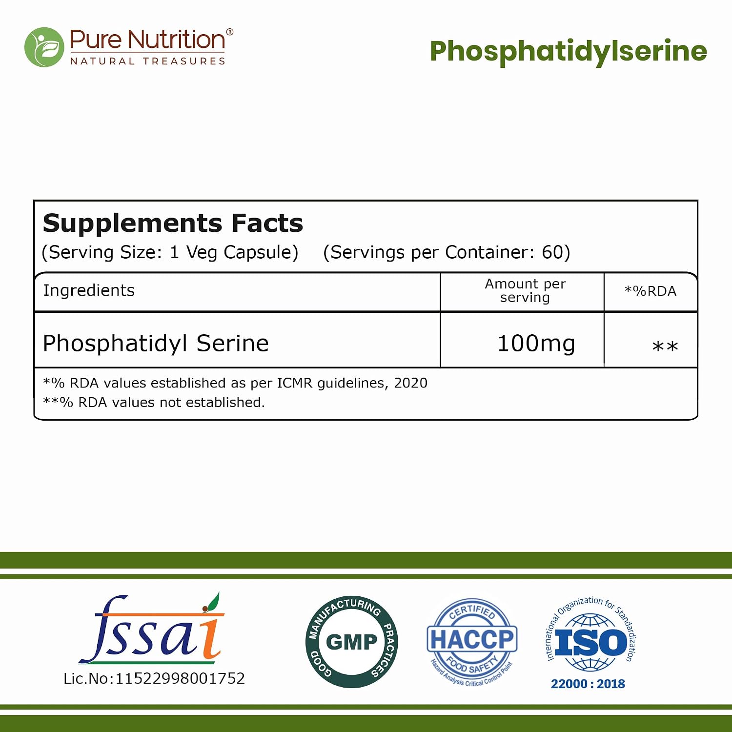 Pure Nutrition Phosphatidylserine 100mg, 60 Capsules | Brain, Memory & Cognitive Health Support