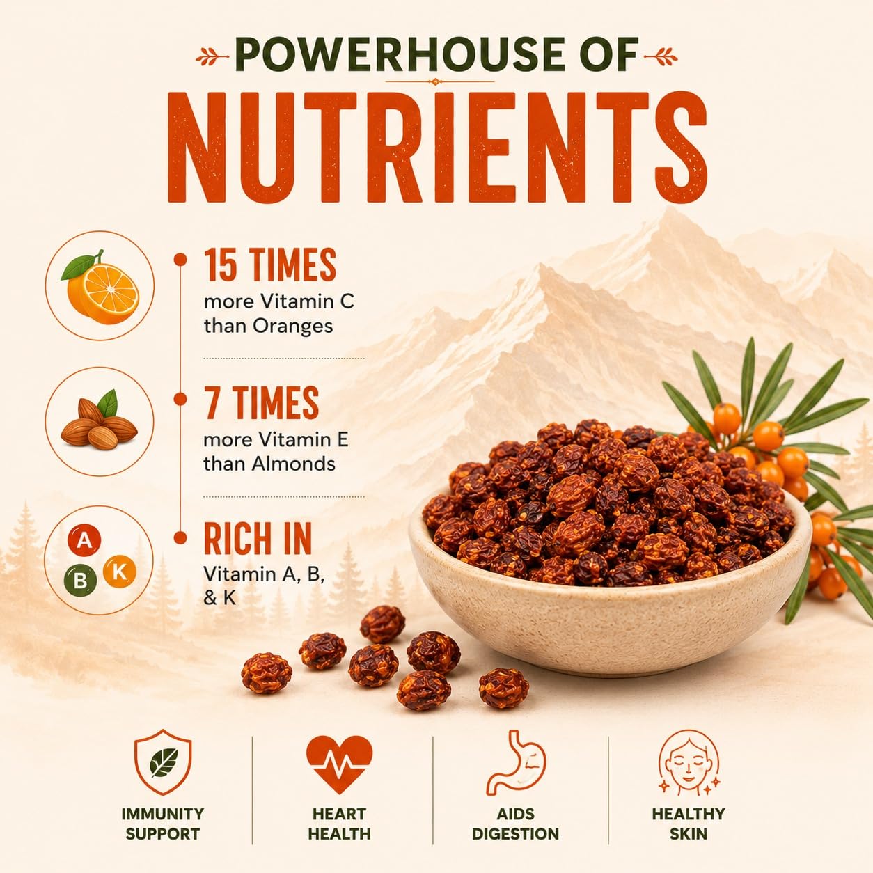 Baramasa Harvest Seabuckthorn Berries (100g) | Pure Himalayan Sun-Dried Superfruit | Abundant in Vitamin C, Omega 3, 6, 7 & 9