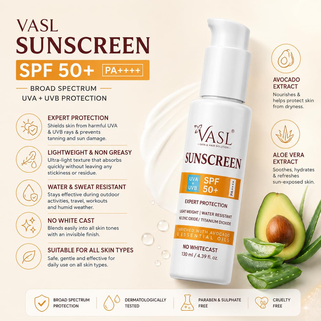 VASL Sunscreen SPF 50+ PA++++ - Broad Spectrum Daily UVA UVB Cream, 130ml