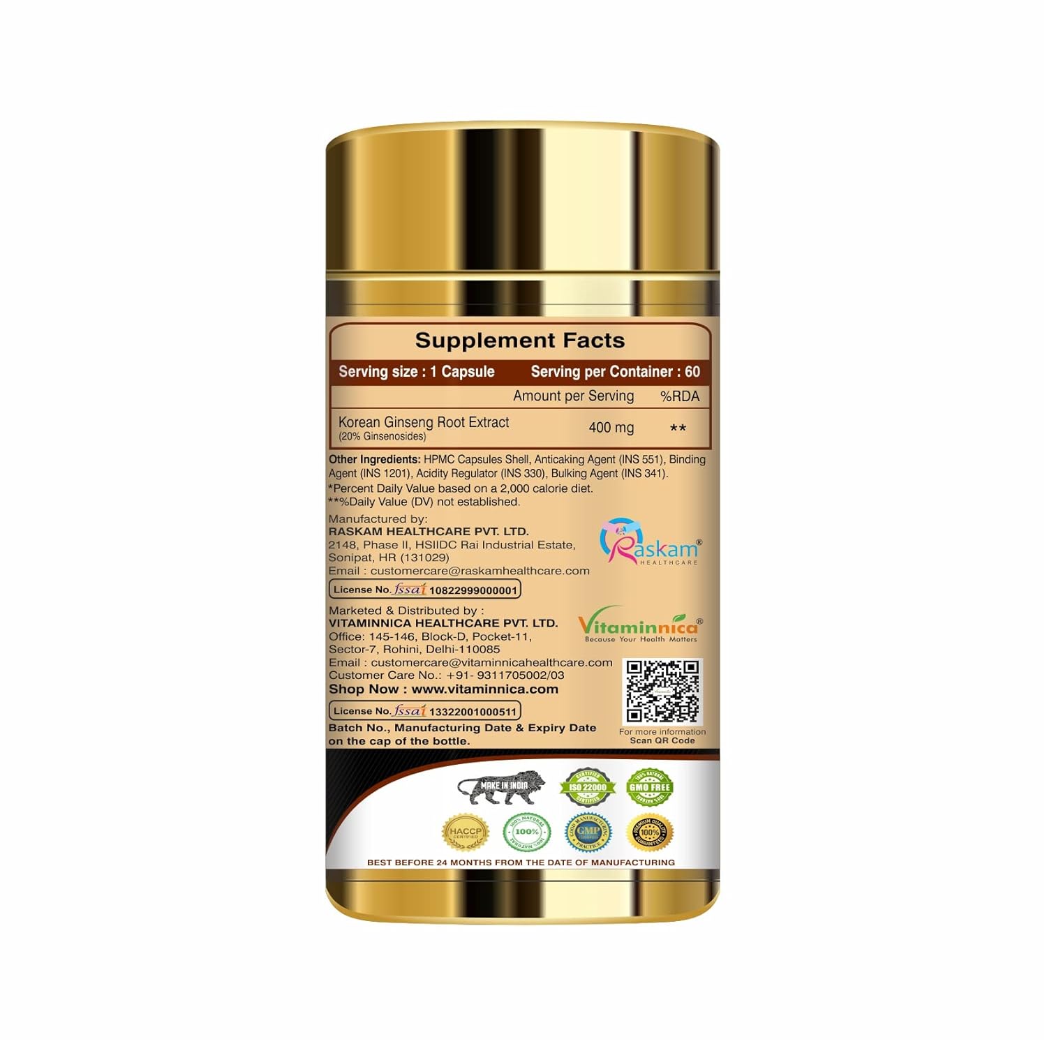 Vitaminnica Korean Panax Ginseng Extract - Natural Stamina & Energy Support, 60 Veg Capsules