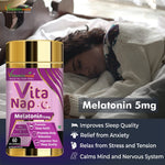 Vitaminnica Vita Nap Melatonin Sleeping Pills – Supports Restful Sleep, Fall Asleep Faster & Promotes Relaxation – Stress & Occasional Sleeplessness Support – 60 Veg Capsules