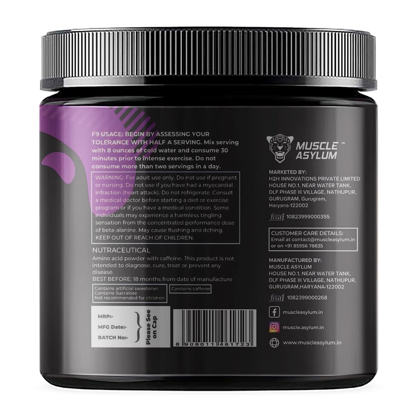 Muscle Asylum F9 Extreme – High Caffeine Pre-Workout (Black Grape) | 300g | 30 Servings | EAA & Endurance Blend | High Stimulant with EAA & Beta-Alanine