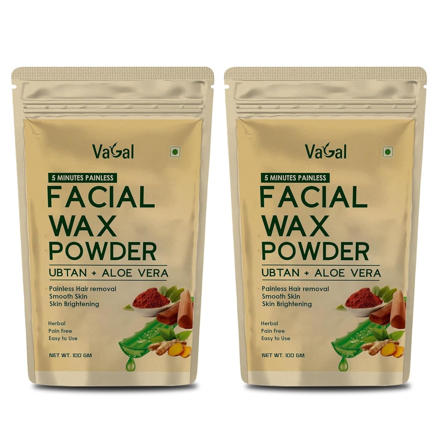 Vagal Facial Wax Powder, Ubtan & Aloe Vera Blend, Painless Hair Removal, Smooth Skin & Brightening Formula, Herbal & Easy-to-Use Wax (100 g (PACK OF 2)