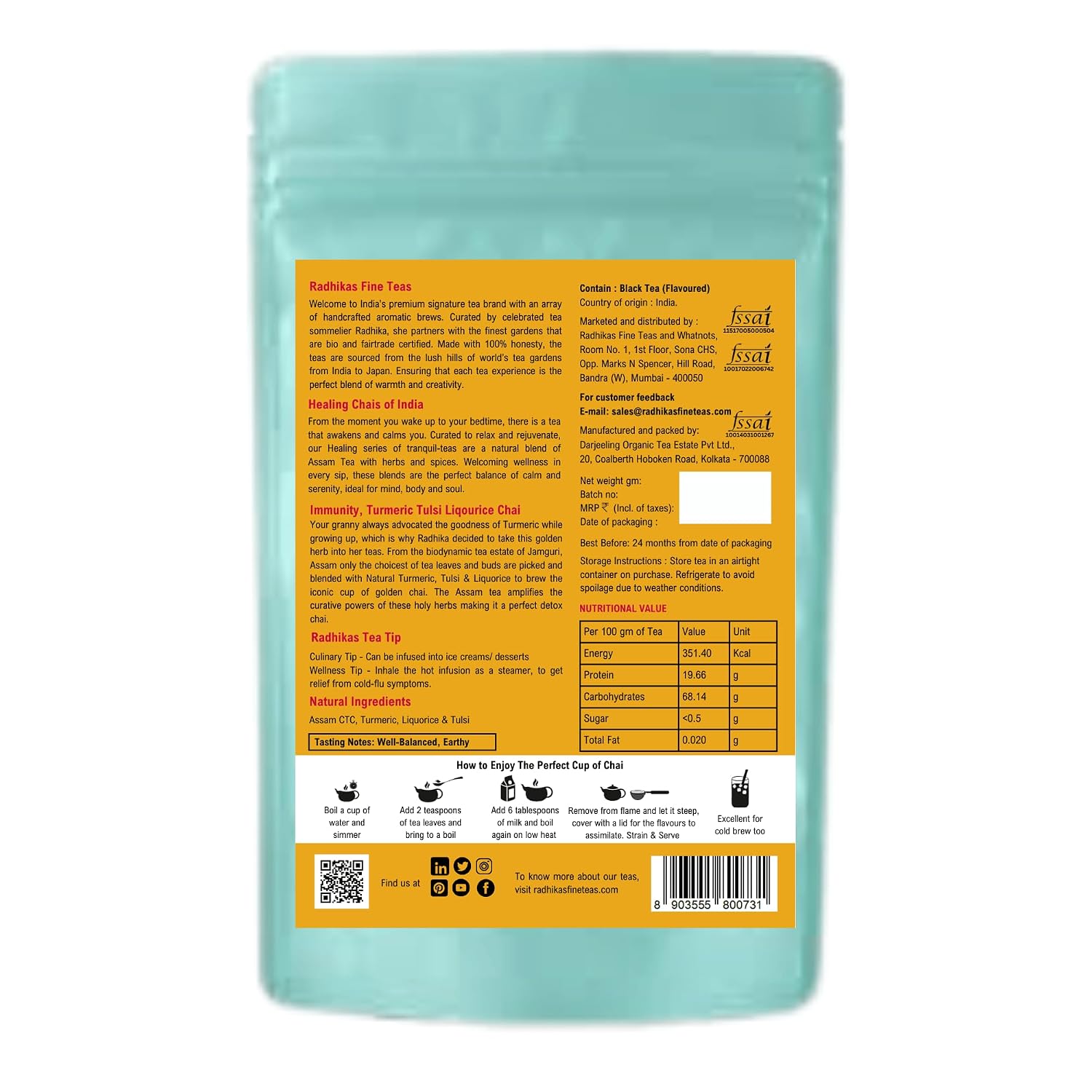 Radhikas Fine Teas Immunity Turmeric Tulsi Liqourice Chai - Cleanse & Restore Health - 100gm