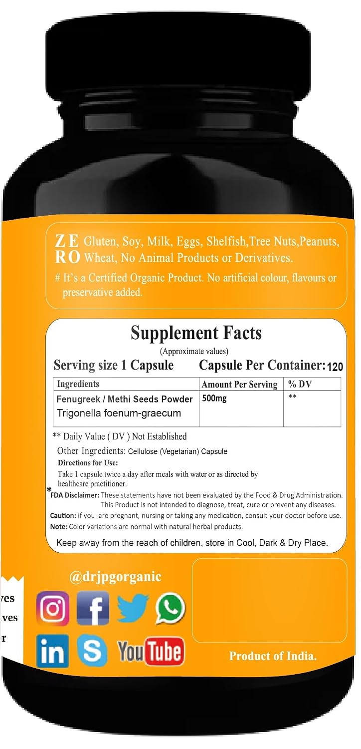 DR. JPG Organic Methi / Fenugreek Capsules (500mg, 120 Veg Capsules) | For Blood Sugar, Digestion & Lactation Support | 100% Certified Organic
