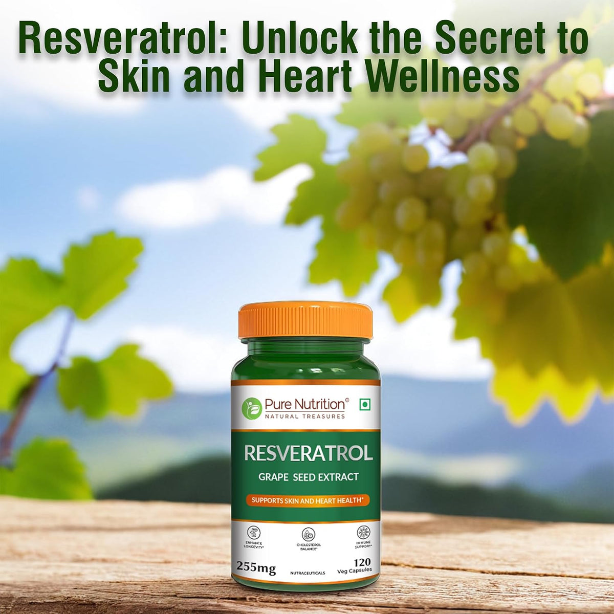 Pure Nutrition Resveratrol with Grape Seed Extract, 120 Veg Capsules | Antioxidant Support