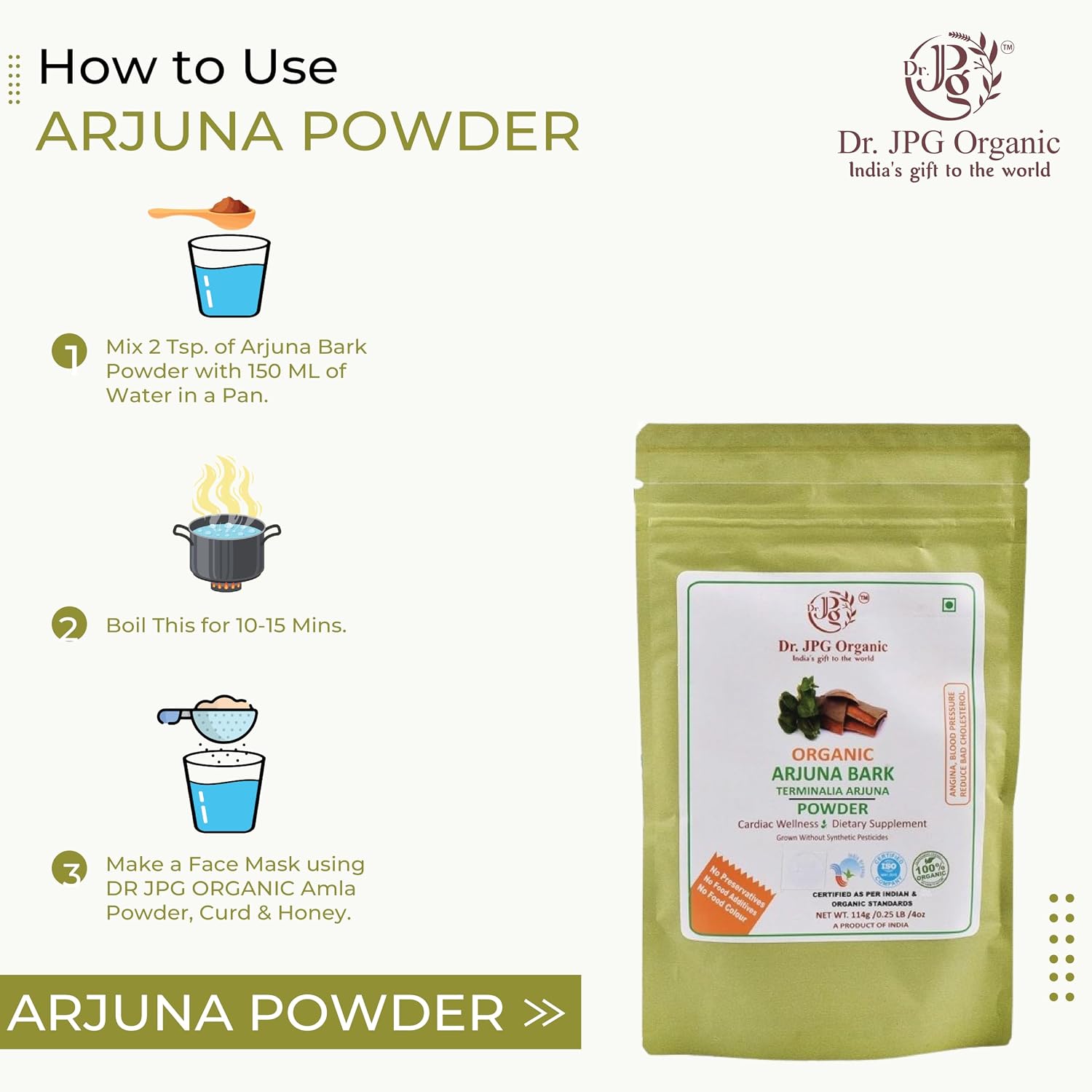 DR. JPG Organic Arjuna Bark Powder (228g) – 114g (Pack of 2) | For Heart Care, Cholesterol Management & Healthy Metabolism | 100% Certified Organic
