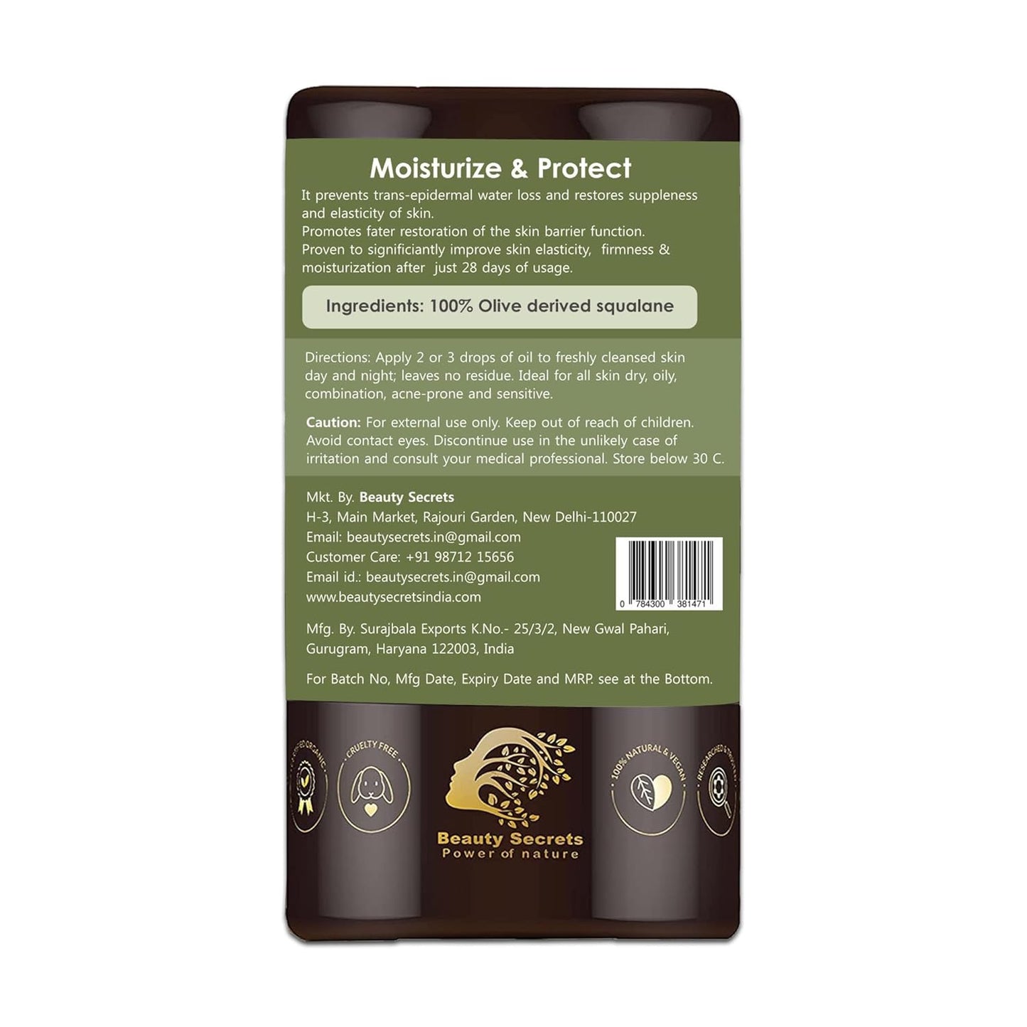 Beauty Secrets Certified Organic Squalane Oil For Face | Lightweight Anti Aging Face Oil for Glowing Skin | Hydrating Face Moisturizer for Women & Men for All Skin Types-30ml