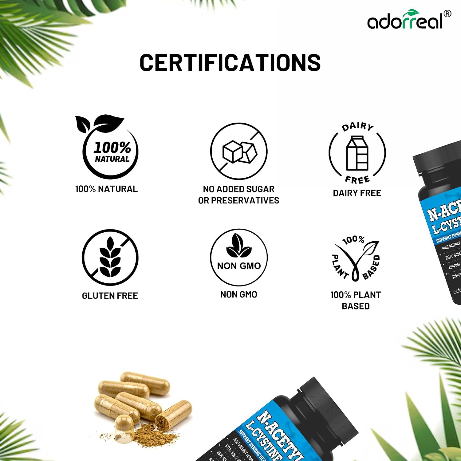 Adorreal N-Acetyl L-Cysteine (NAC) Capsules (60 Capsules) | Powerful Antioxidant, Glutathione Precursor, Respiratory & Liver Detox Support