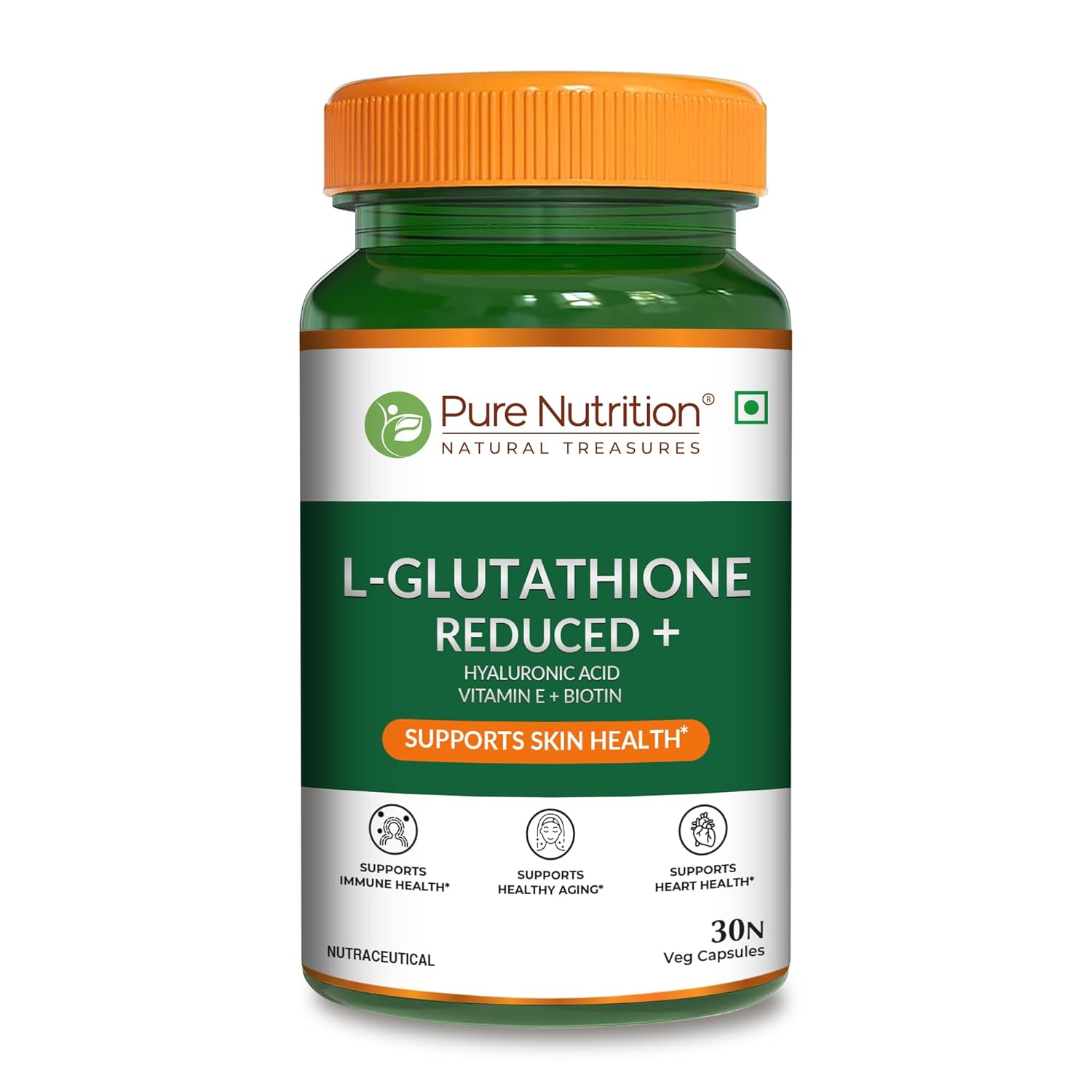 Pure Nutrition L-Glutathione Reduced – 30 Capsules | With Hyaluronic Acid, Vitamin E & Biotin | Skin Health Support