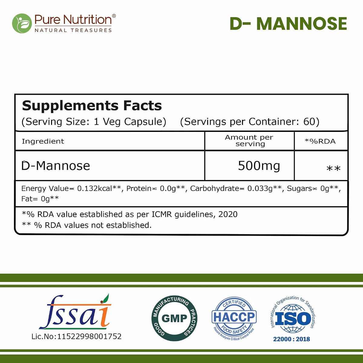 Pure Nutrition D-Mannose 500mg, 60 Capsules | Urinary Tract & Bladder Health Support