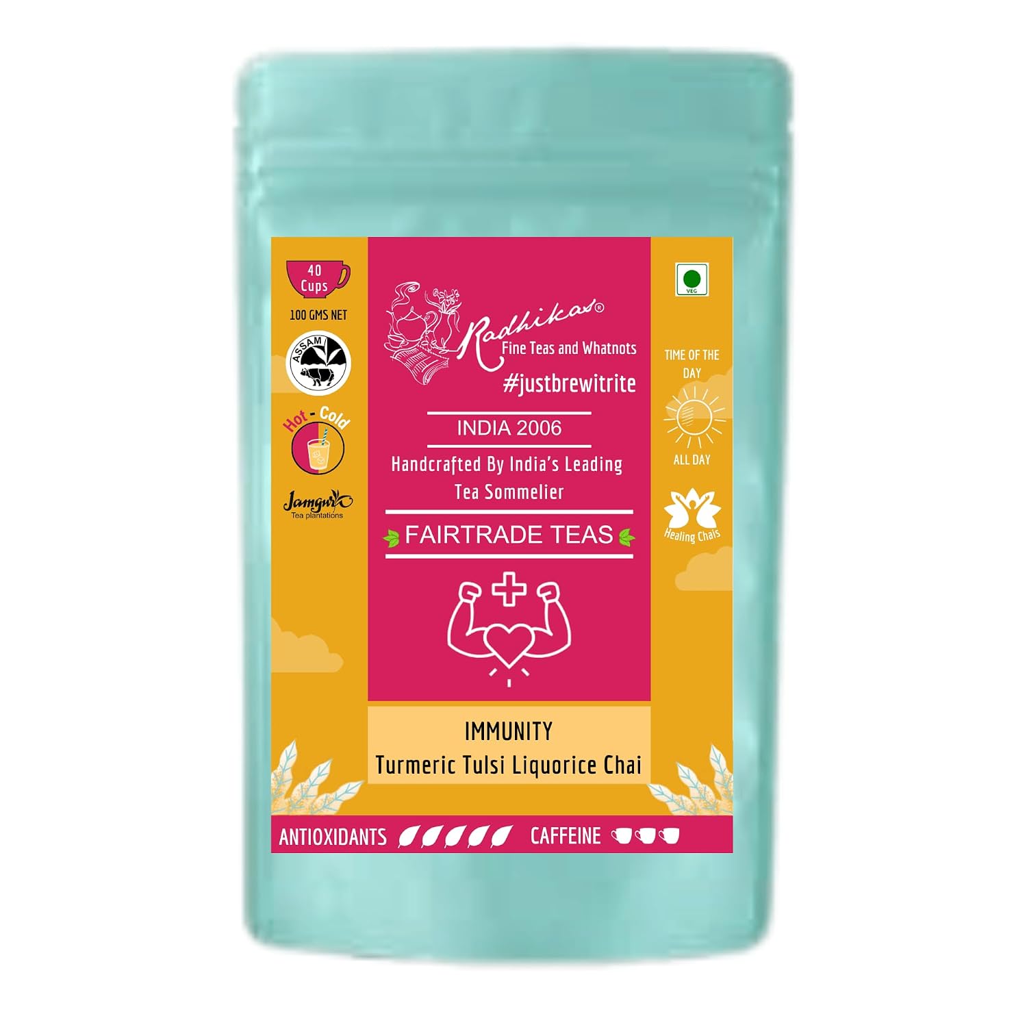 Radhikas Fine Teas Immunity Turmeric Tulsi Liqourice Chai - Cleanse & Restore Health - 100gm