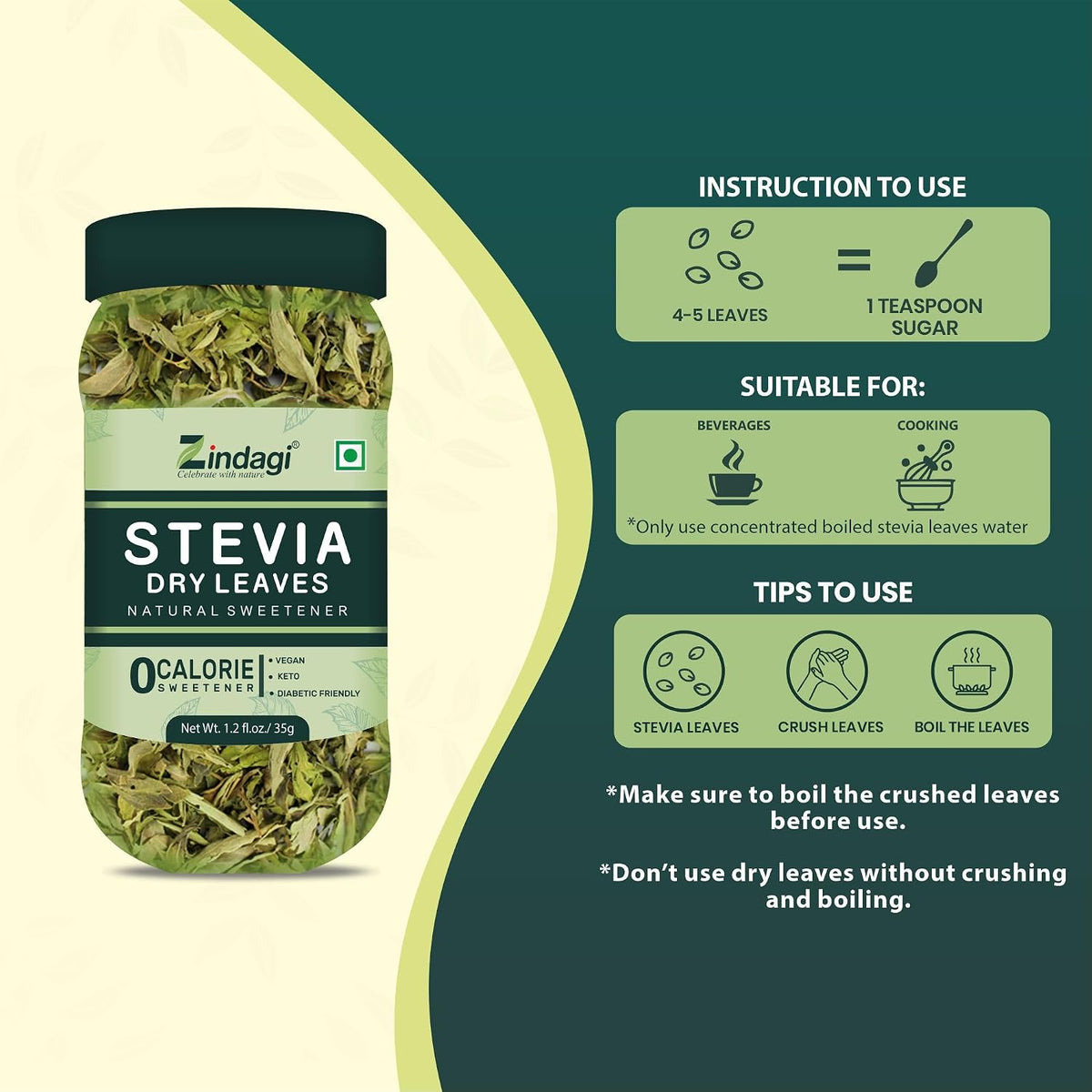Zindagi Stevia Dry Leaves & Stevia Powder Sachets | 100% Natural Zero-Calorie Sugar-Free Sweetener Combo Pack