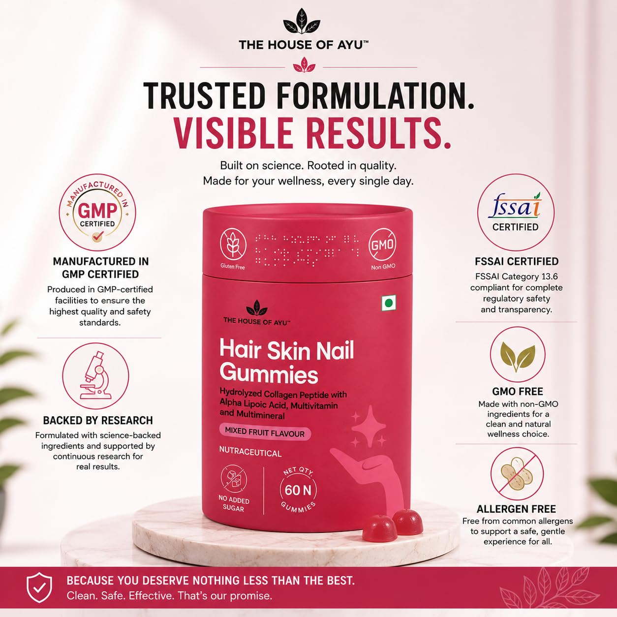 House of Ayu Hair Skin Nail Gummies | Collagen, Biotin & Hyaluronic Acid | 3-in-1 formula with Bioactive Collagen, Hyaluronic Acid, ALA & Biotin to support hair growth, glowing skin & strong nails.
