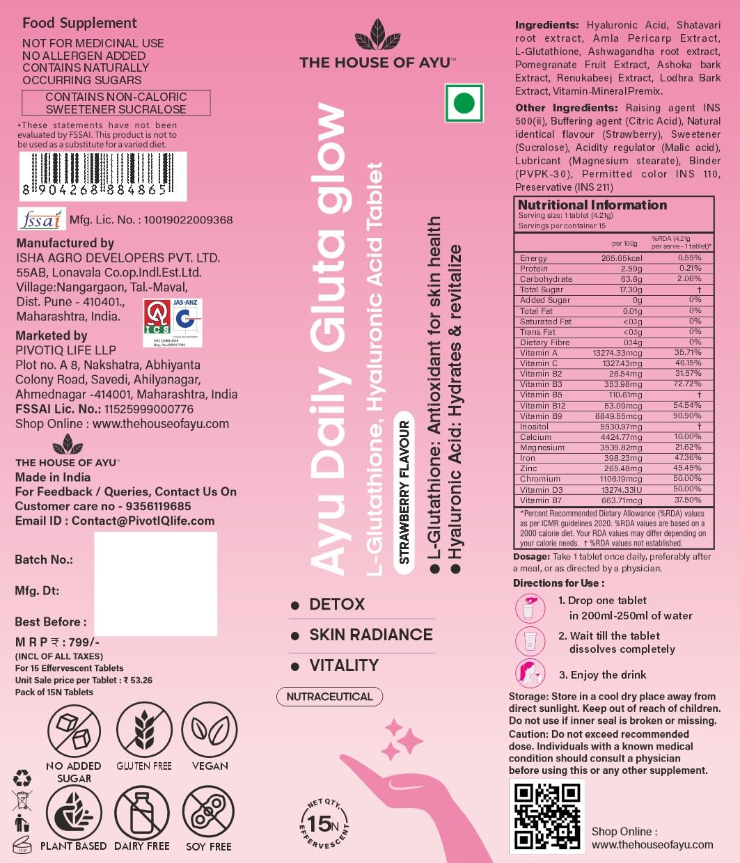 AYU Gluta Glow - Hormonal Acne & PCOS Skin Care Effervescent Tablets (15s) | Clears hormonal acne & dark spots with Shatavari, Ashoka, 90mg Hyaluronic Acid - 3X hydration & Vitamin C. Strawberry flavor.