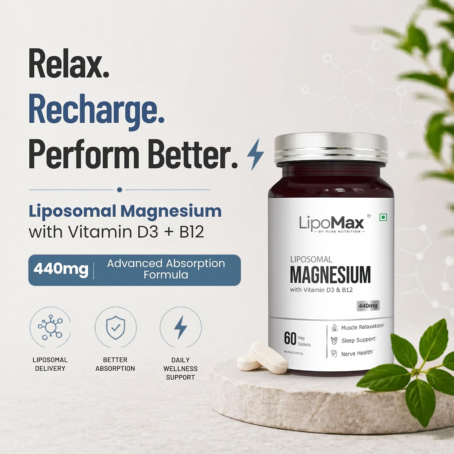Pure Nutrition Liposomal Magnesium with Vitamin D3 & B12, 60 Tablets | Bone, Muscle & Energy Support