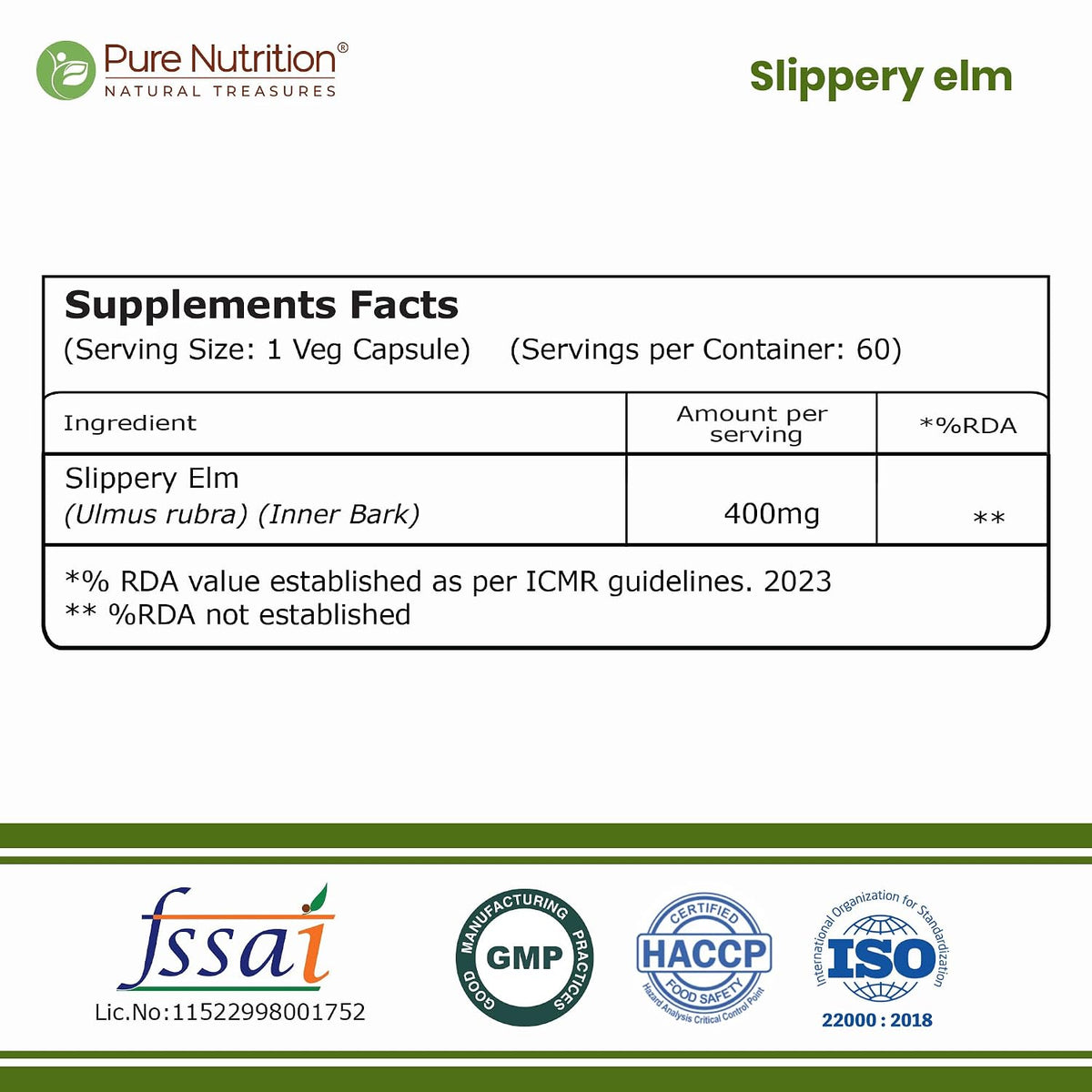 Pure Nutrition Slippery Elm 60 Capsules | Herbal Digestive & Gut Health Support