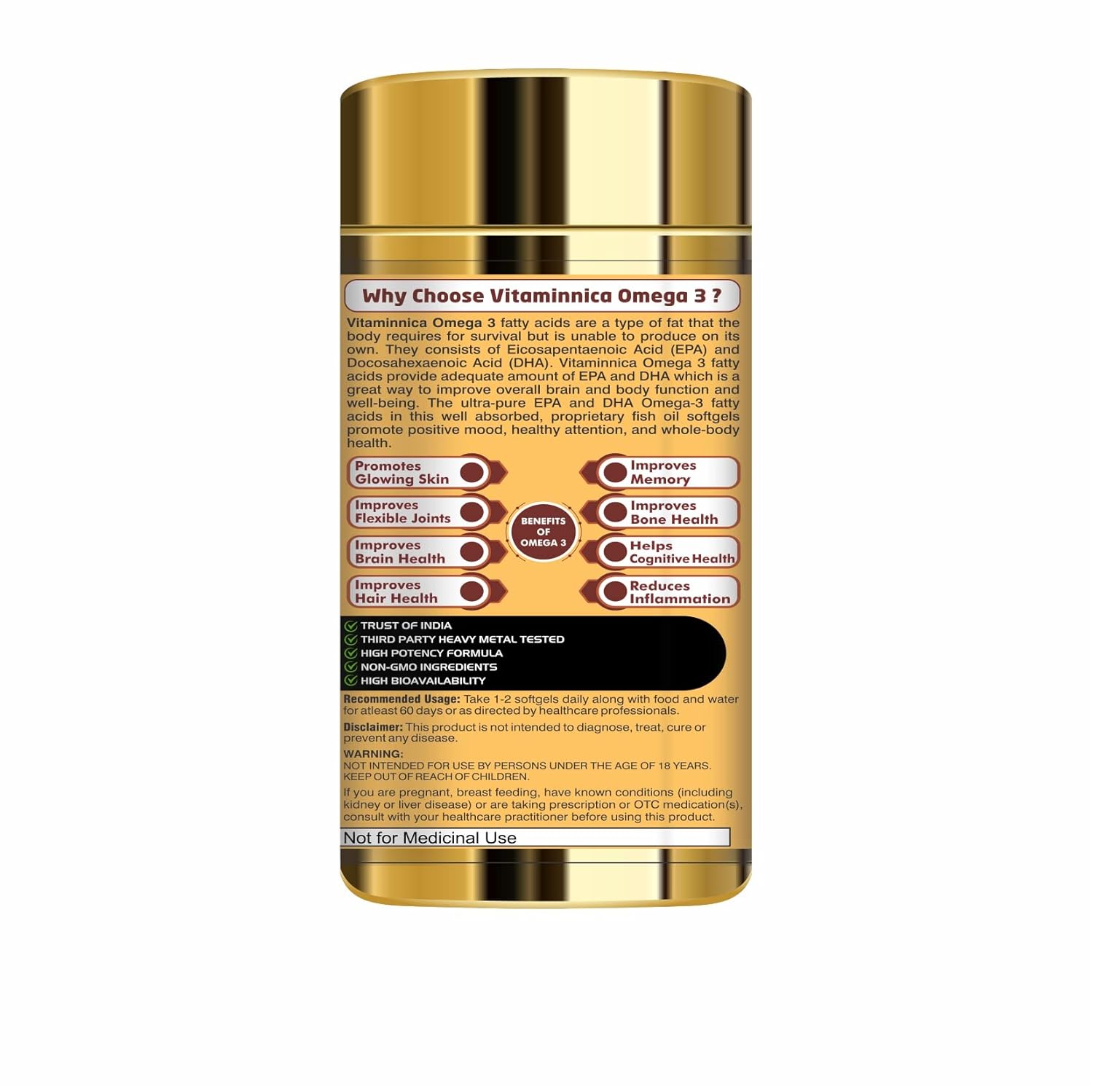 Vitaminnica Salmon Omega 3 Fish Oil Softgels Fatty Acids Great For Eyes, Skin, Heart, Joints & Brain Health || Double Strength (EPA & DHA) 60 Softgels for Men and Women