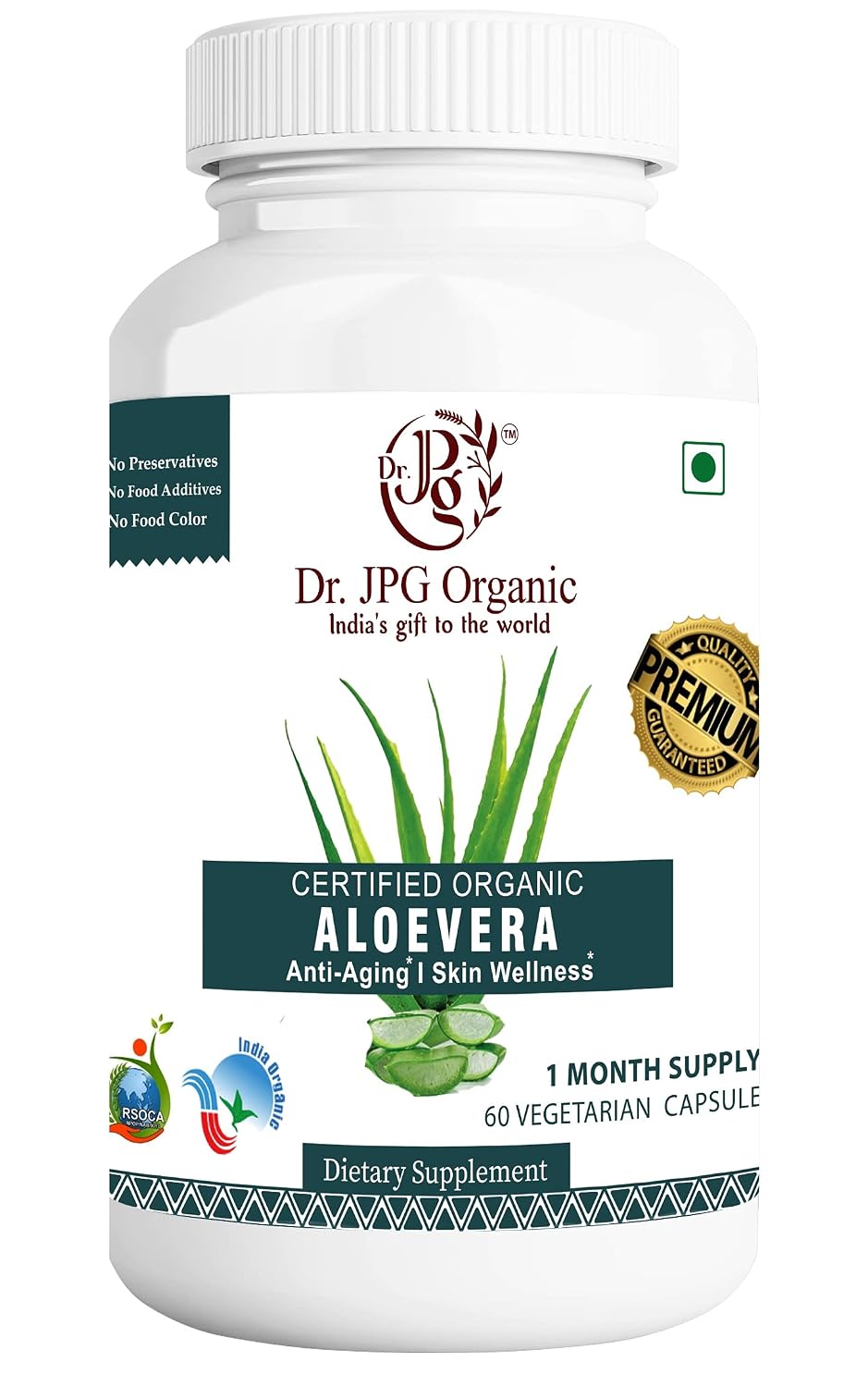 DR. JPG Organic Aloe Vera Capsules (500mg, 60 Veg Capsules) | Helps Rejuvenate Skin & Hair | 100% Certified Organic