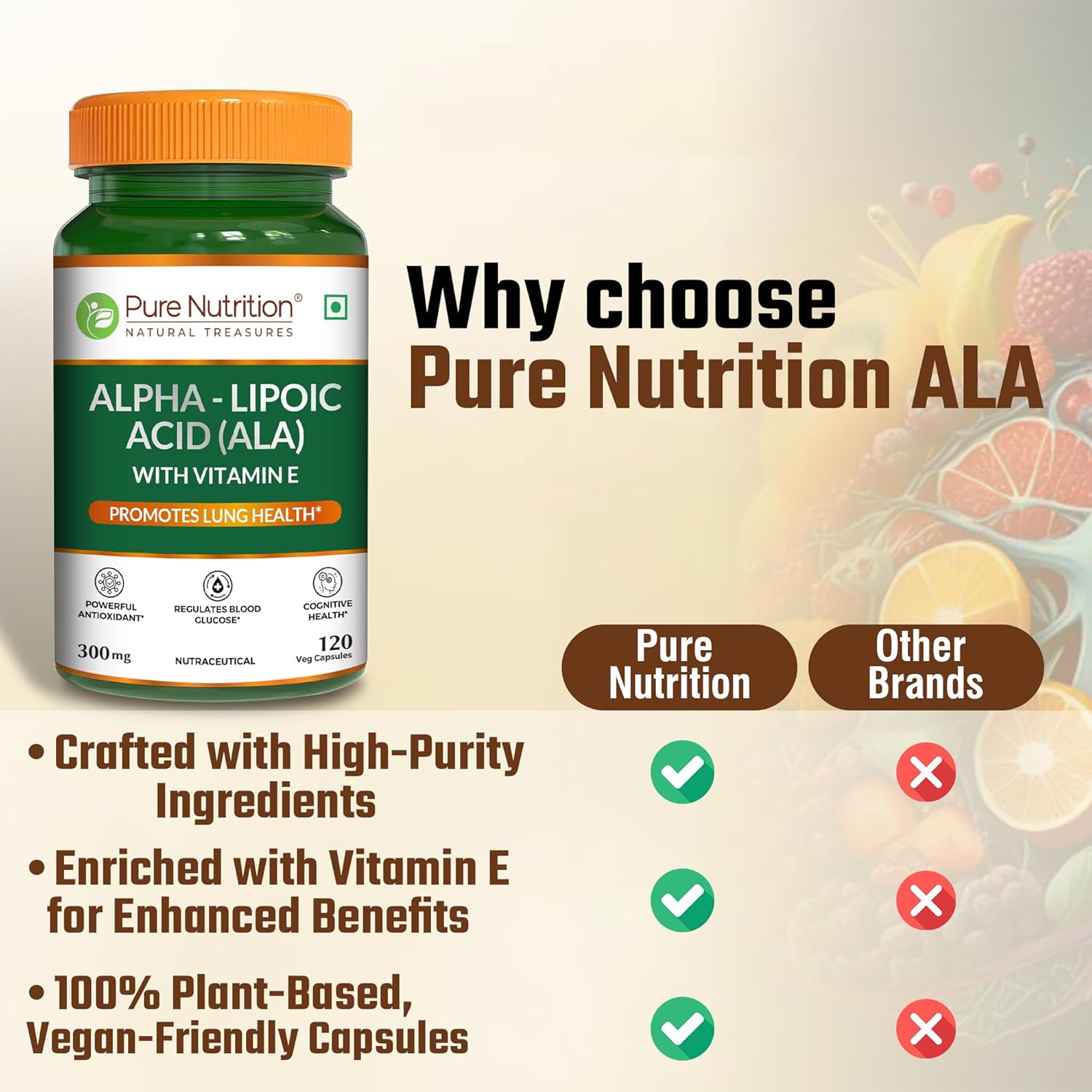 Pure Nutrition Alpha Lipoic Acid (ALA) Capsules 300mg - 120 Veg Capsules with Vitamin E | Powerful Antioxidant for Nerve & Heart Health | Supports Healthy Blood Sugar, Energy Metabolism & Cellular Protection