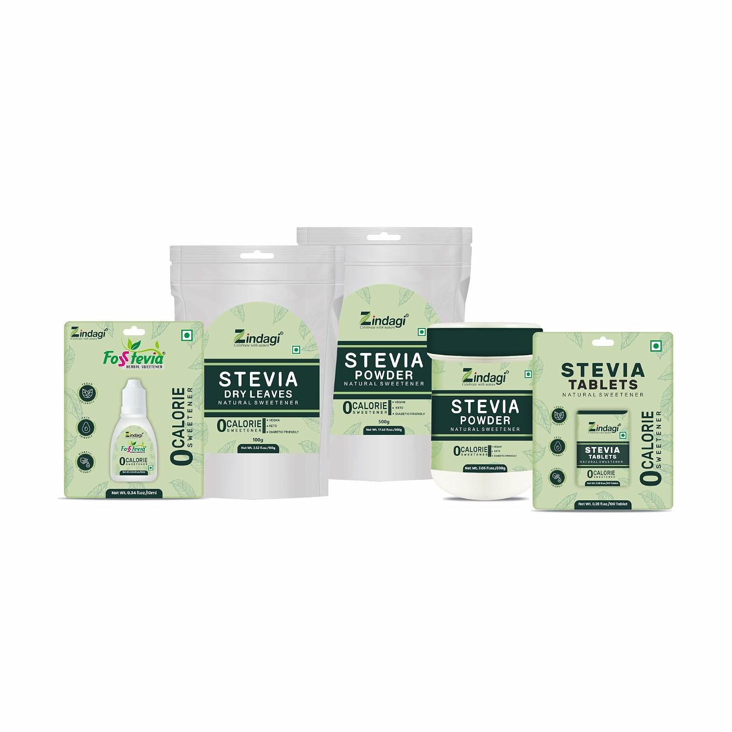 Zindagi Stevia Powder Sachets, Stevia Liquid Drops & Stevia Tablets | 100% Natural Zero-Calorie Sugar-Free Sweetener Triple Combo Pack