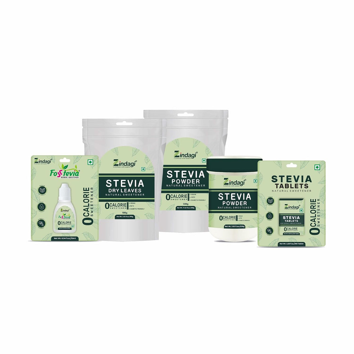 Zindagi Stevia Powder Sachets, Stevia Liquid Drops & Stevia Tablets | 100% Natural Zero-Calorie Sugar-Free Sweetener Triple Combo Pack
