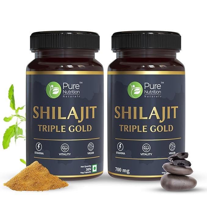 Pure Nutrition Shilajit Triple Gold Veg Capsule - 30 Capsules - With Kaunch Beej, Ashwagandha, Safed Musli, Gokhru & Shatavari For Energy, Strength, Stamina & Performance,Premium Ayurvedic Supplement For Men