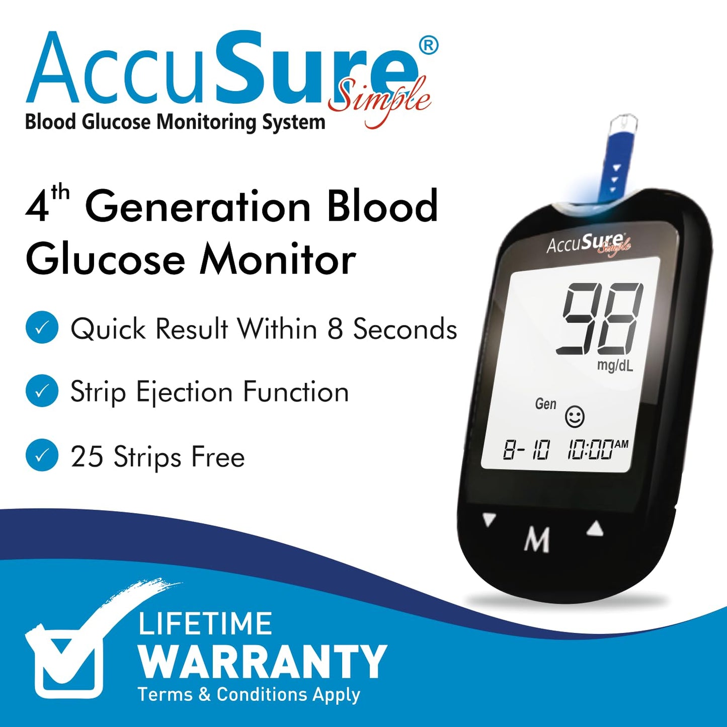 AccuSure Simple Digital Glucometer Kit |with 25 Strips, 10 Lancet,1 Lancing device for Accurate Blood Glucose Sugar Testing Machine